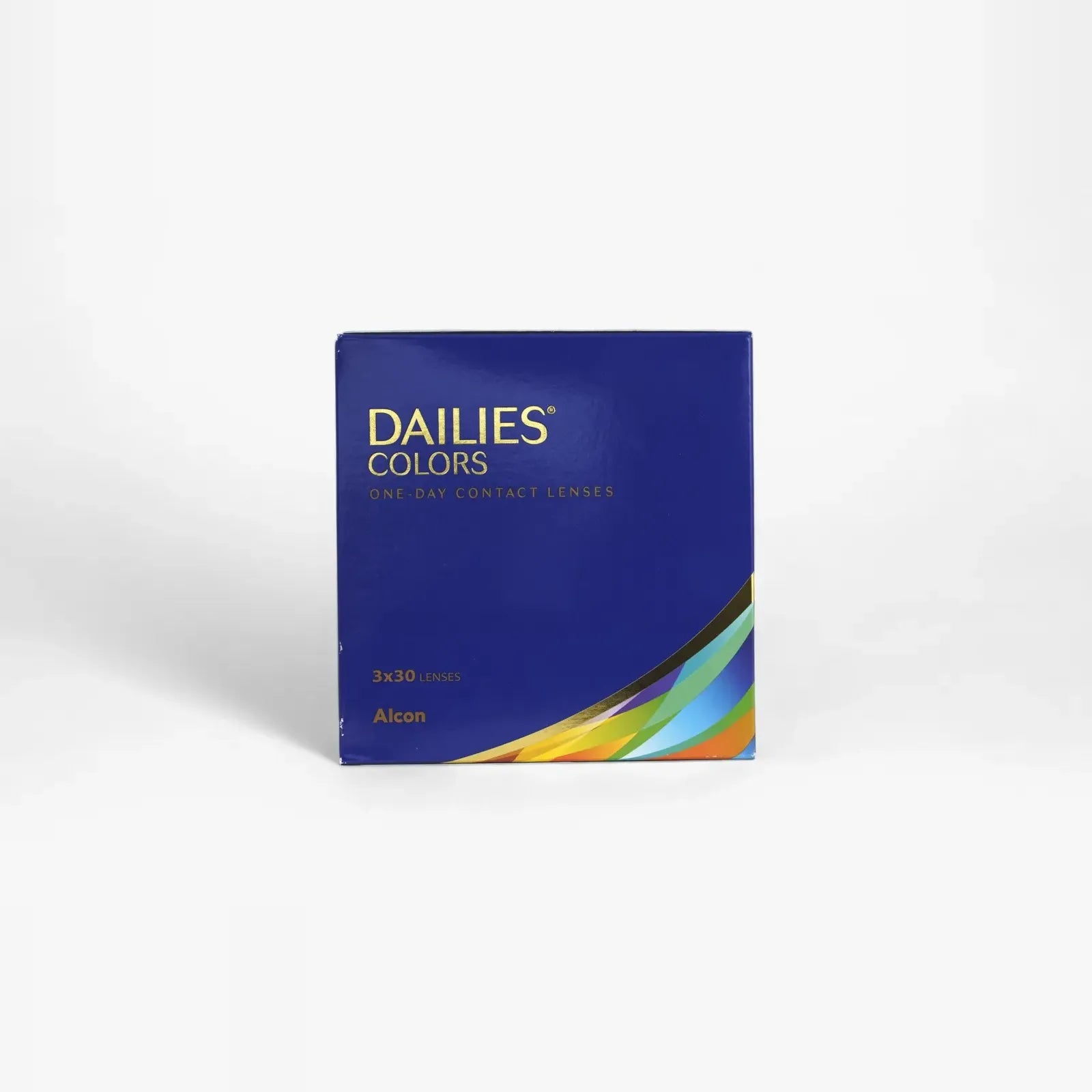 A blue box of Dailies Colors - 90 Pk daily disposable lenses by Dailies, with a gold logo and colorful ribbon along the bottom edge for vibrant eye color enhancement.