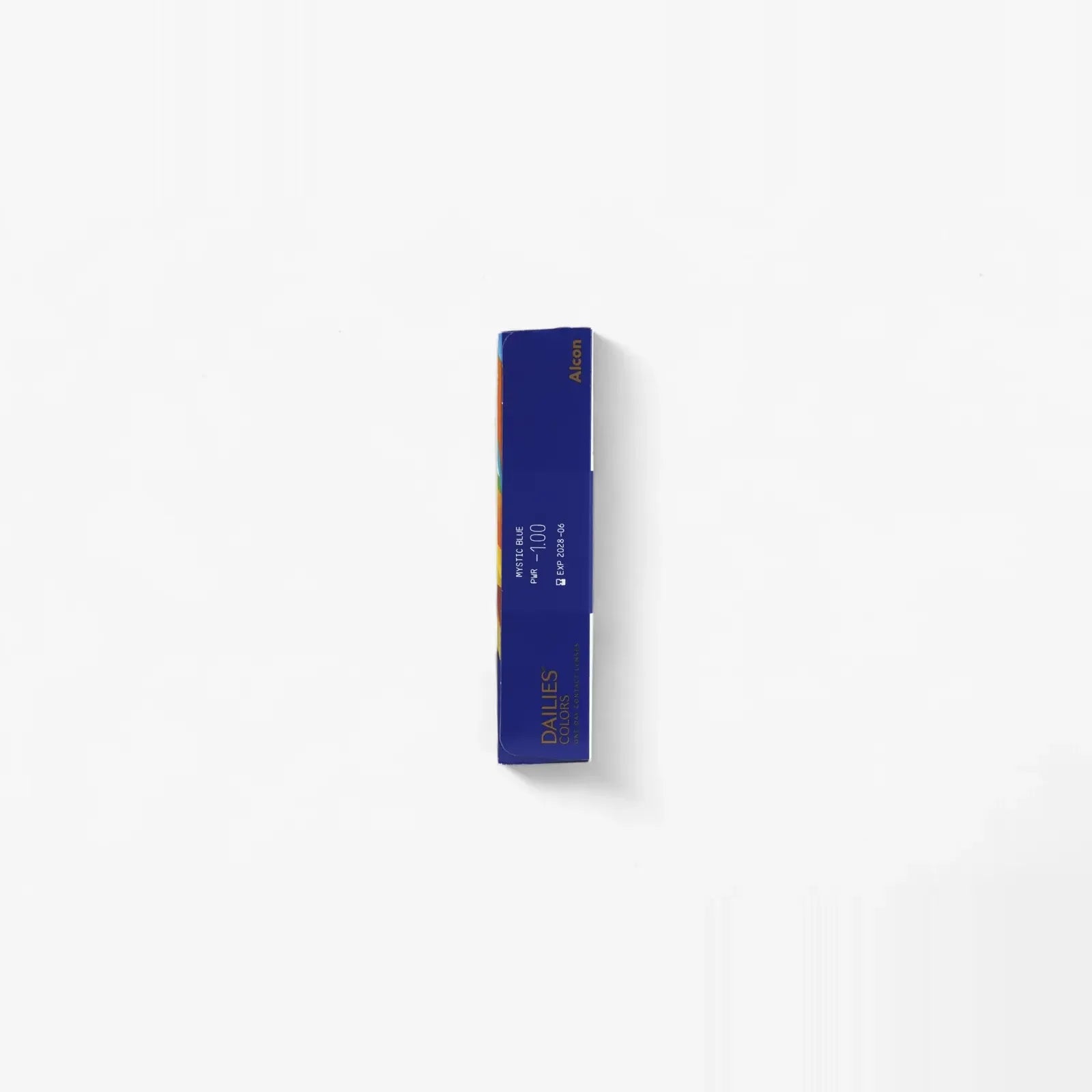 A single rectangular blue box labeled Dailies Colors - 90 Pk by Dailies stands vertically against a plain white background, subtly implying eye color enhancement with these daily disposable contact lenses; minimal shadows and side text appear.