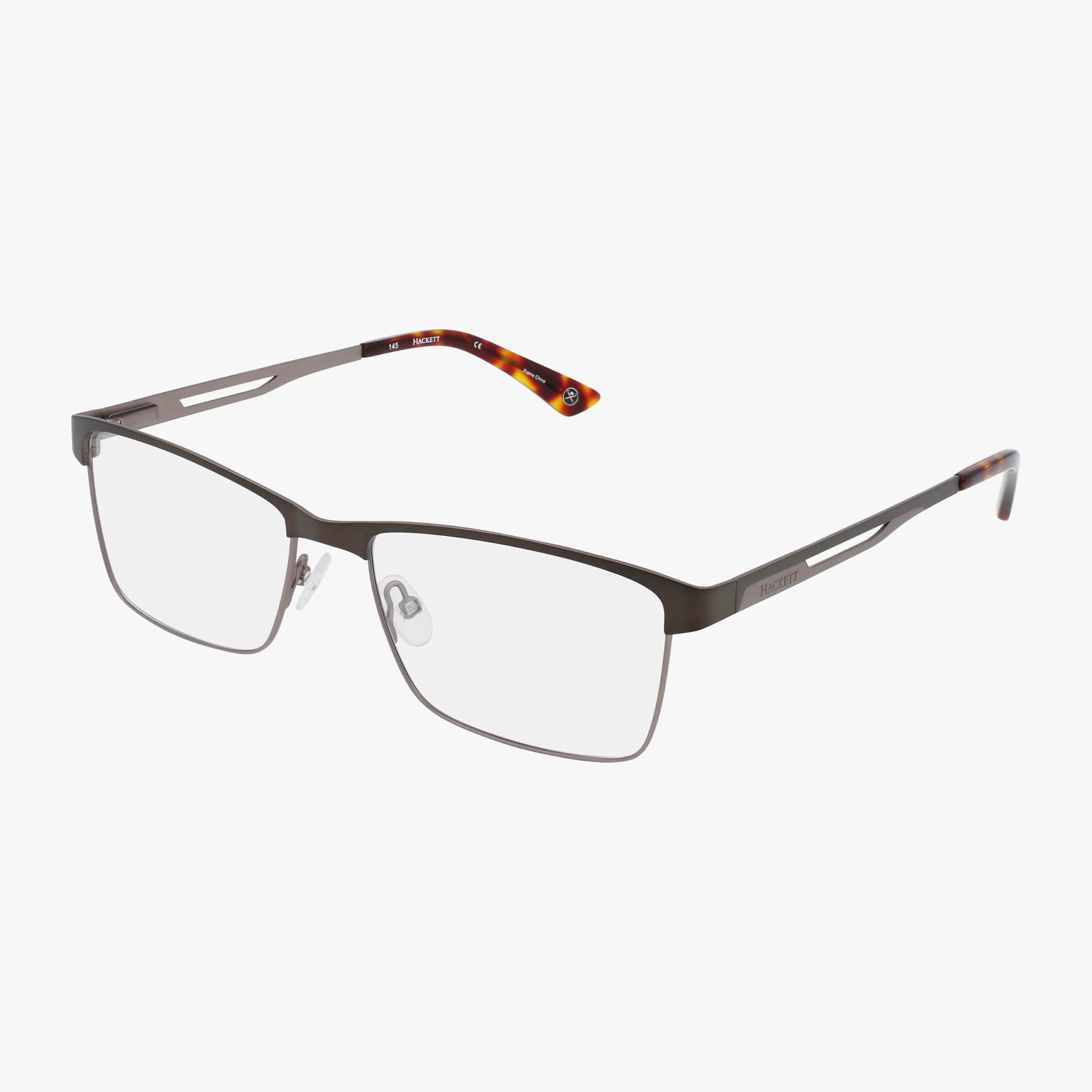 Hackett’s HEK 1167 rectangular eyeglasses feature a modern, thin dark metal frame, clear prescription lenses, slim arms with a cutout design, and tortoiseshell-patterned tips.