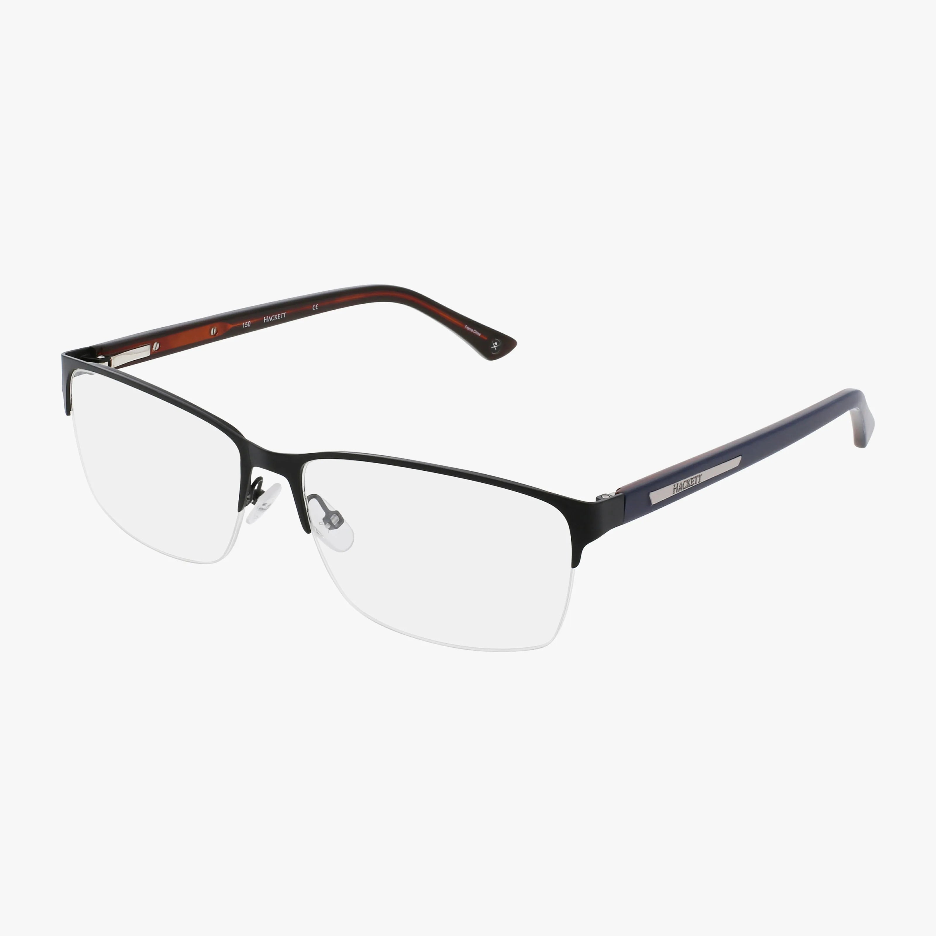 The Hackett HEK 1203 features rectangular, semi-rimless black metal frames with transparent lenses. The dark arms have a subtle brown tint inside and silver details at the hinges for a modern look.