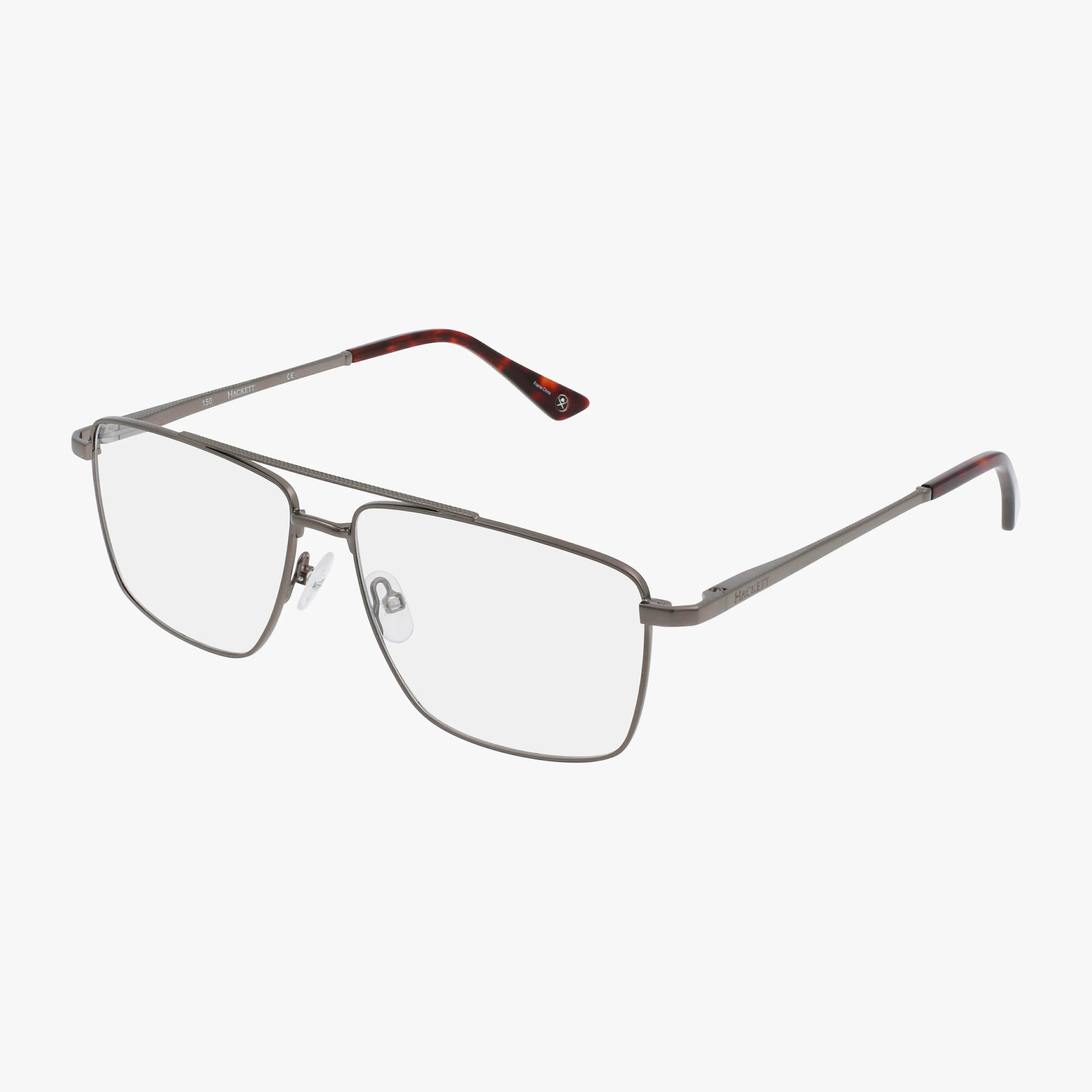 The Hackett HEK 1206 features rectangular metal eyeglasses with thin silver frames, clear lenses, and slim temples accented with red tips. Lightweight and ideal for everyday wear, these glasses are displayed on a white background.