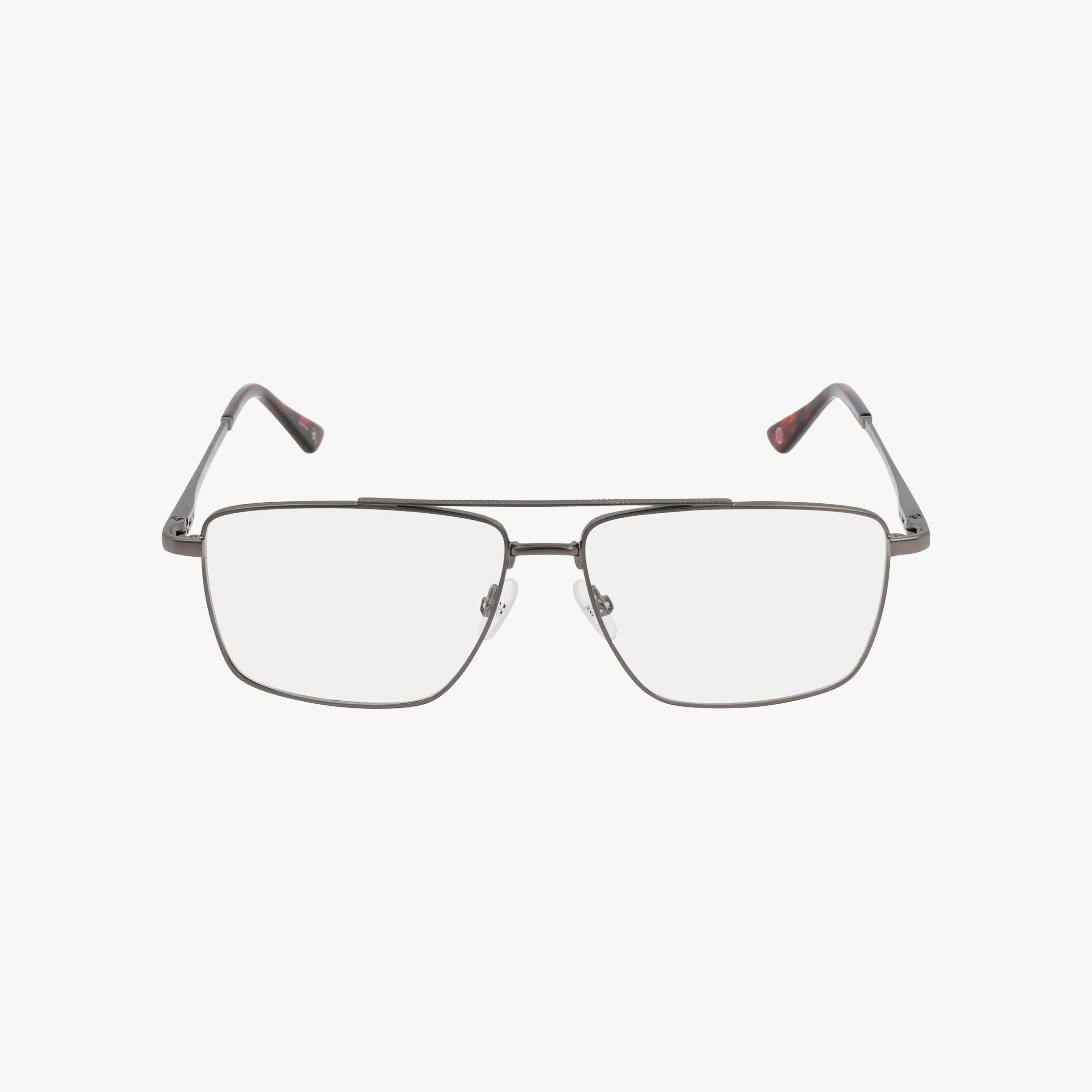 The Hackett HEK 1206 eyeglasses feature a rectangular silver metal frame with clear lenses and black-and-red temple tips, offering a lightweight, stylish design ideal for everyday wear—shown on a plain white background.