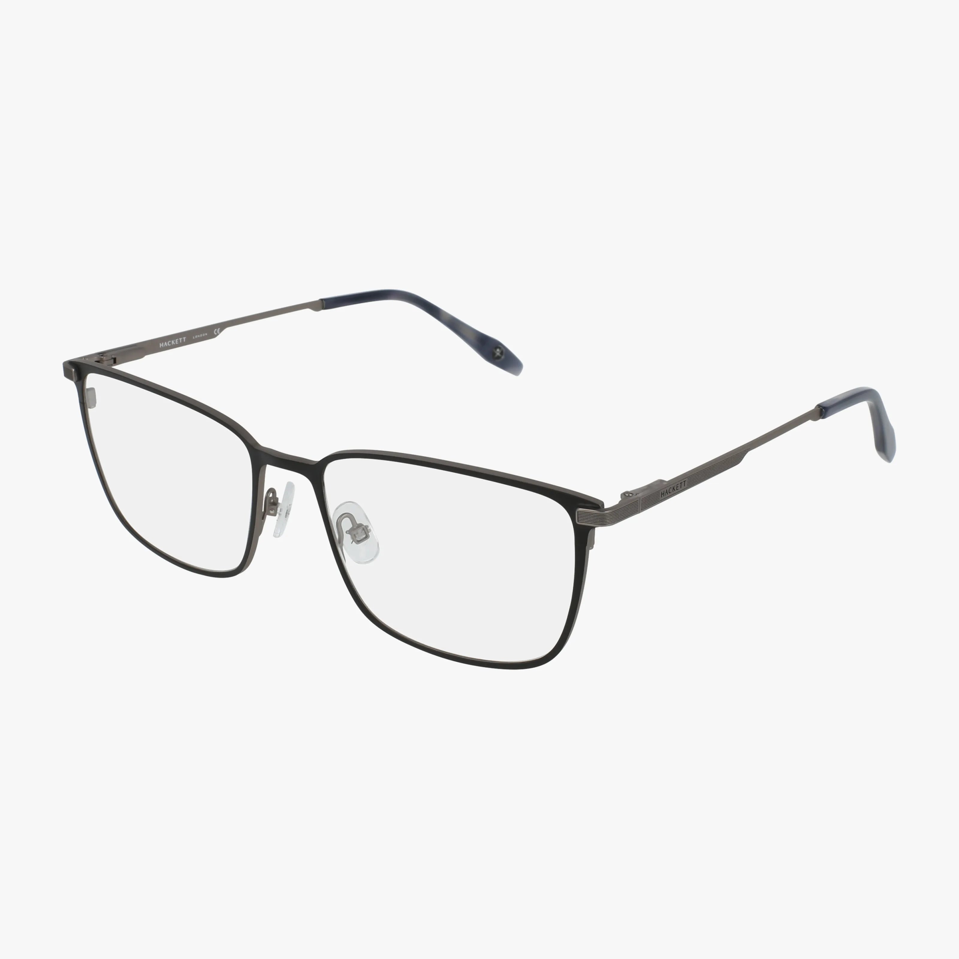 The Hackett HEK 1374 features a classic rectangular design with thin black rims, clear lenses, adjustable nose pads, and dark temple tips—a modern take on timeless eyewear style—shown on a white background.