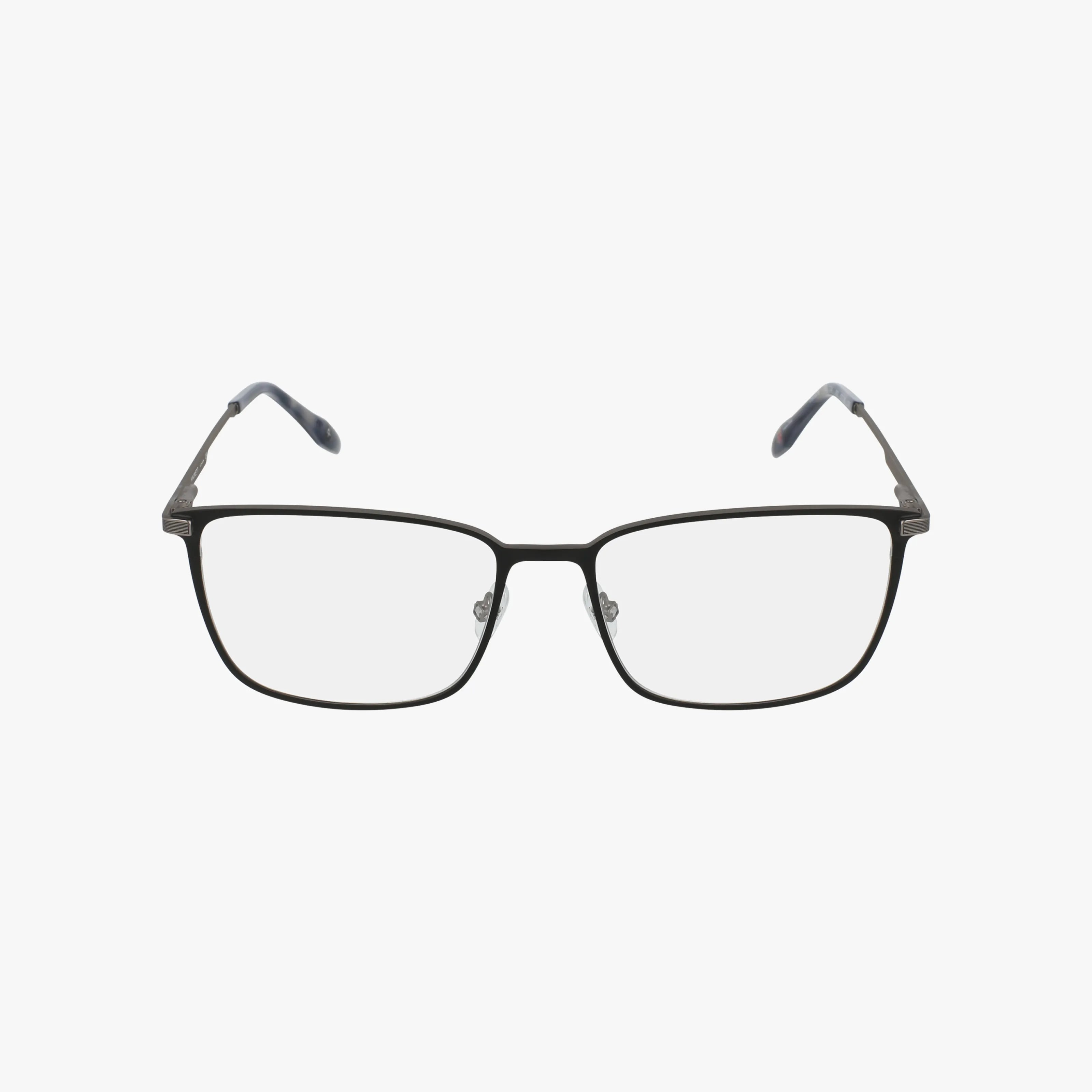 The Hackett HEK 1374 eyeglasses feature a classic rectangular frame in thin black metal with clear lenses. Photographed on a white background with slightly angled arms, this eyewear blends timeless style and modern design.