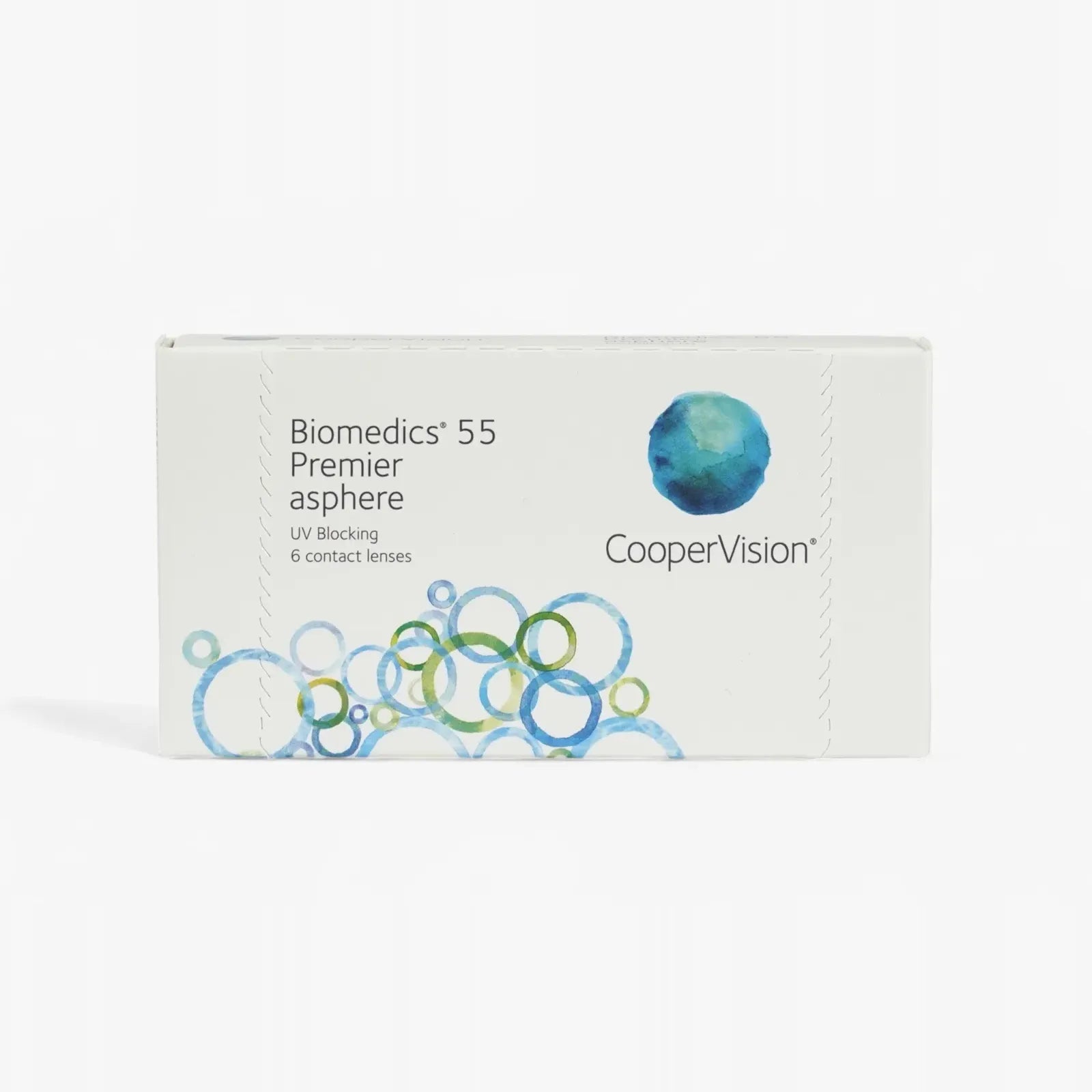 A white box of Biomedics 55 Premier - 6 Pk contact lenses by Biomedics, featuring blue and green circle designs, UV blocking information, and containing 6 lenses.