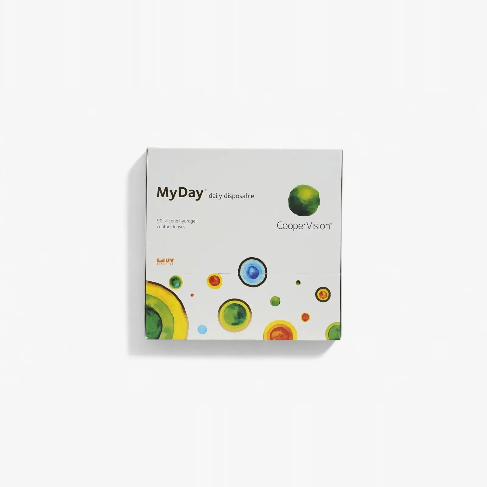 A white box of Myday Daily Disposable 90 Pk contact lenses by Myday, featuring colorful green, yellow, blue, and orange circles near the bottom and right—ideal for anyone looking to buy contacts online.