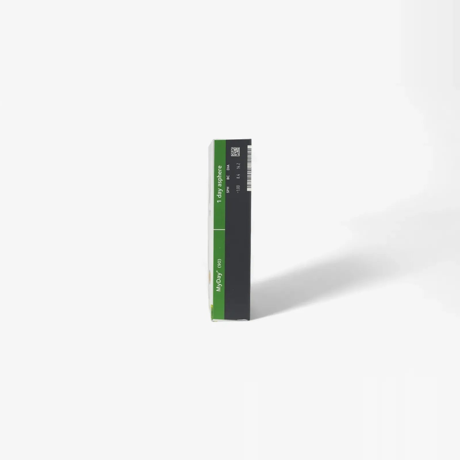 A slim, rectangular box of Myday Daily Disposable 90 Pk contact lenses stands upright on a white surface, featuring the Myday brand’s green and black label. The plain white background and crisp design make it ideal for buying contacts online.