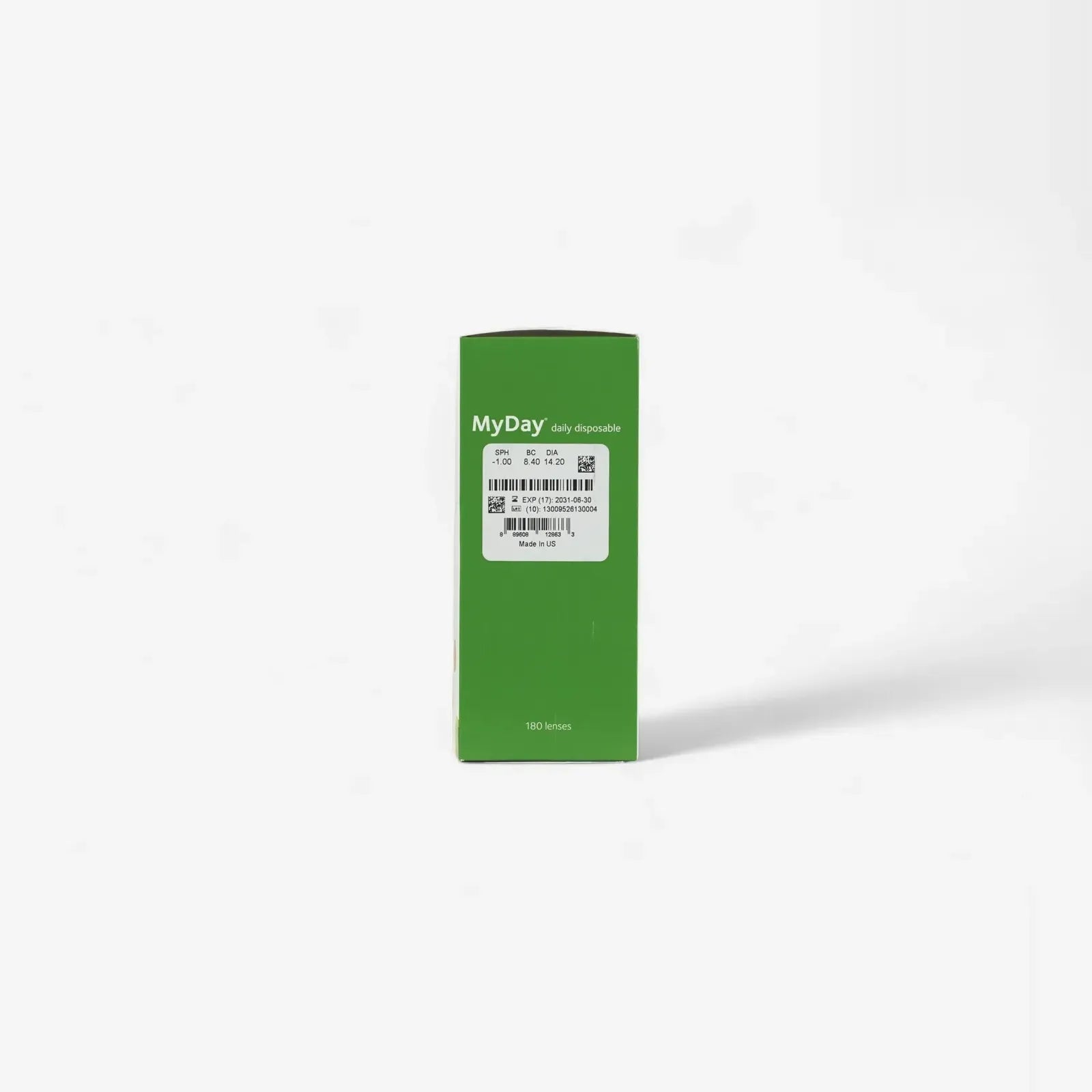 A green rectangular MyDay box labeled MyDay Daily Disposable - 180 Pk stands upright on a white background with a barcode sticker—ideal for anyone purchasing MyDay contacts online.