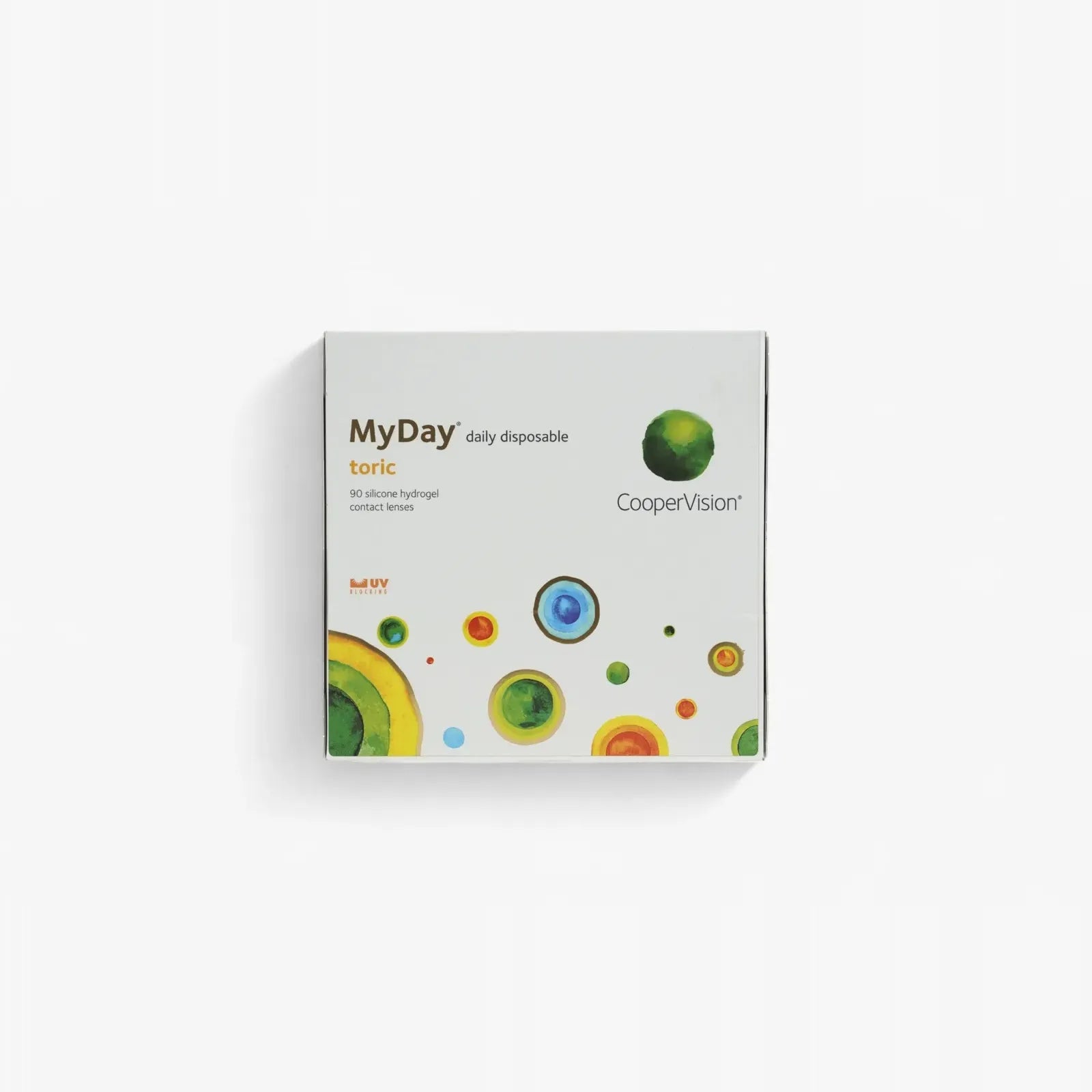A box of Myday Toric Daily Disposable 90 Pk contact lenses by Myday, featuring colorful circular designs on a white background—ideal for those buying contacts online.