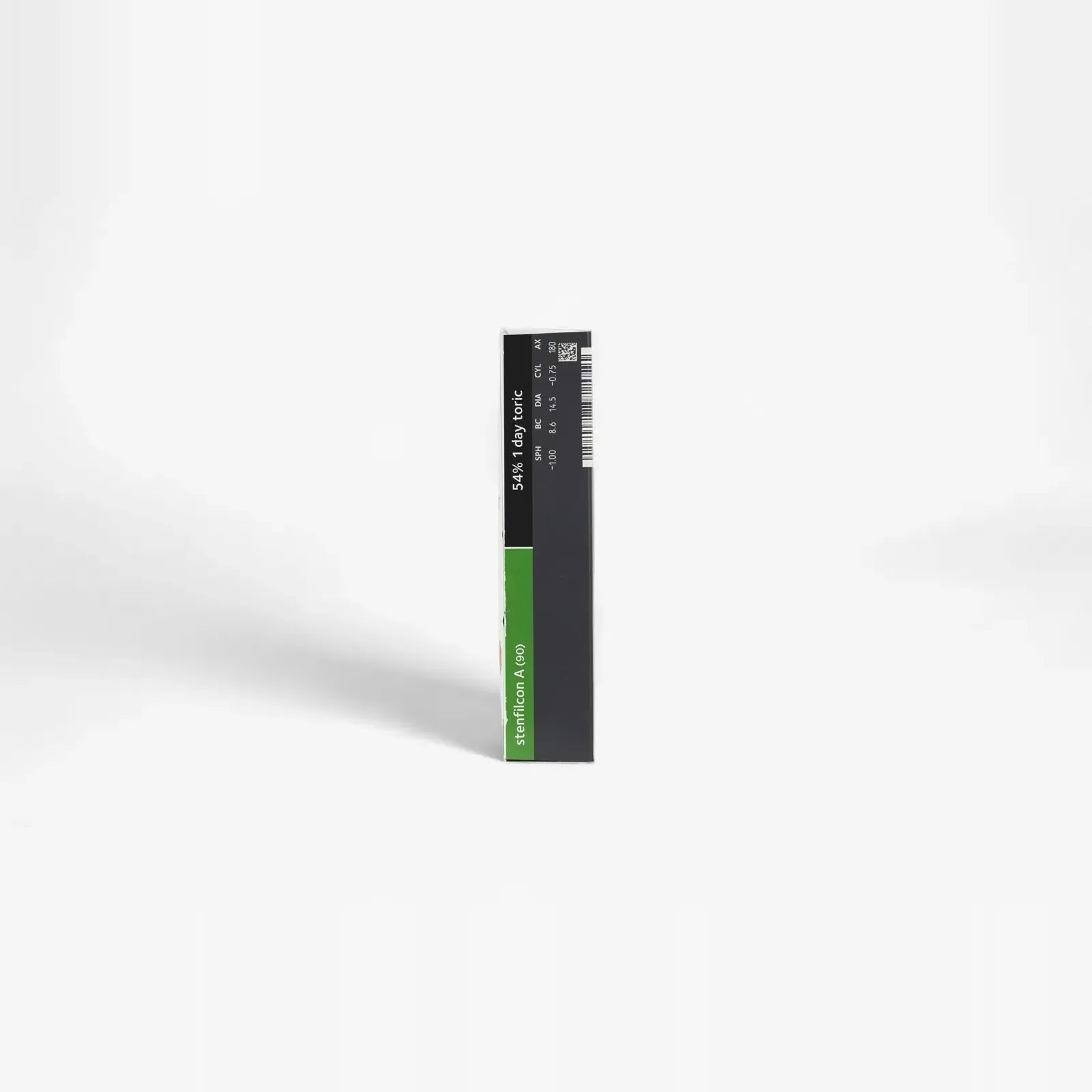 A rectangular black box with a green Myday label stands upright on a white background. The label reads: Myday Toric Daily Disposable 90 Pk, Made in Asia, and features a barcode in the upper right corner.