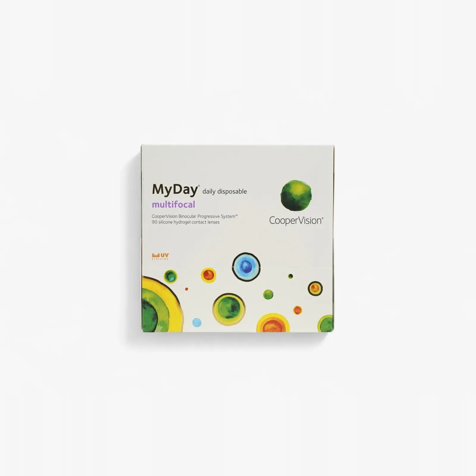 A box of Myday 1 Day Multifocal 90 Pk contact lenses by Myday, with a bright circular pattern on a white background—ideal for anyone shopping for presbyopia contacts online.