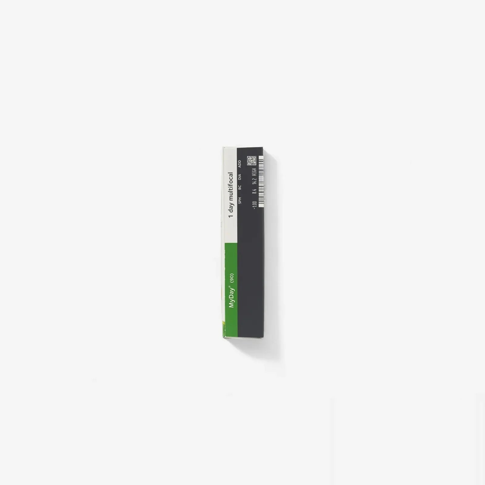 A single box of Myday 1 Day Multifocal 90 Pk contact lenses from Myday stands upright against a plain white background, featuring green, white, and black accents on the packaging.