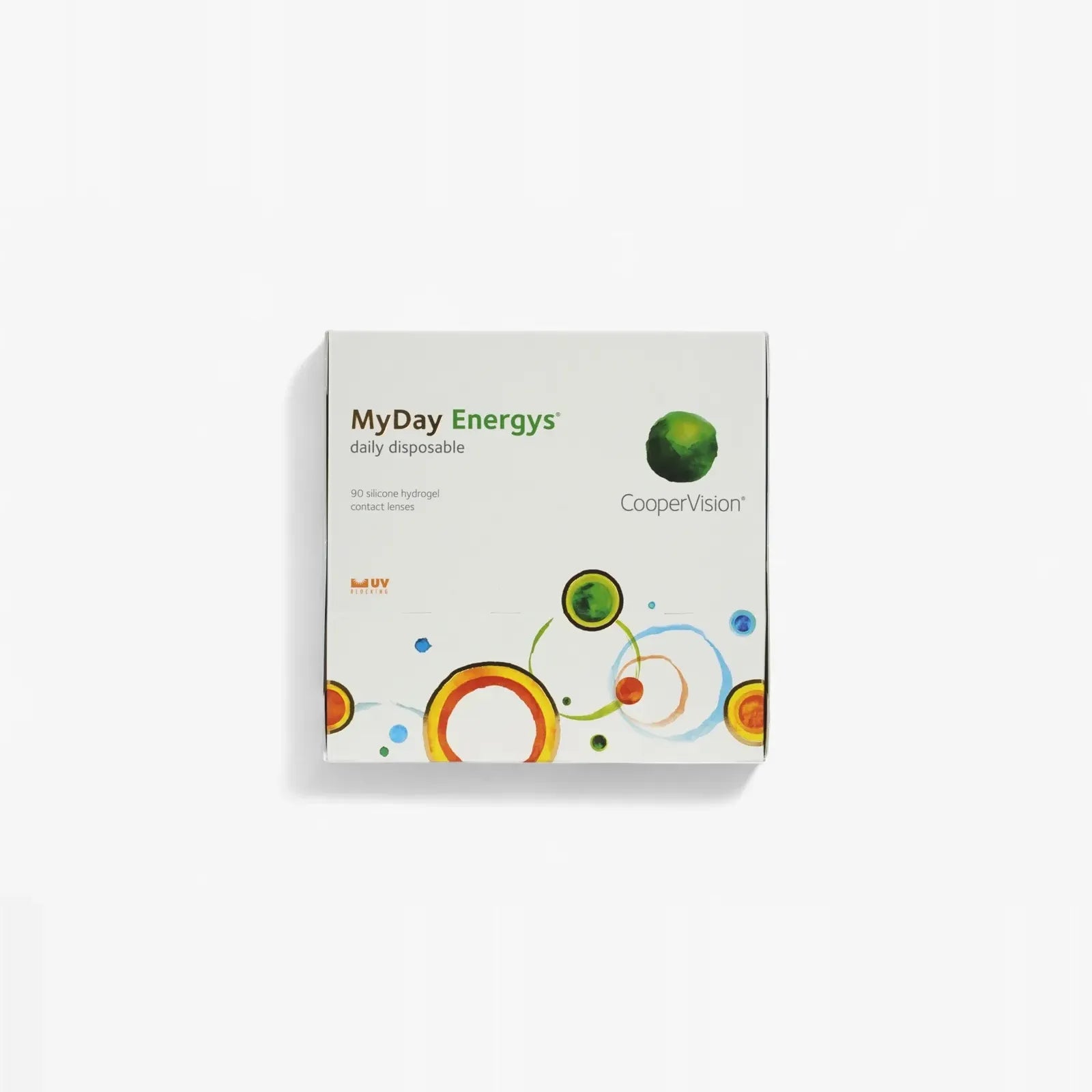 A white box of Myday Energys 1-Day 90 Pk contact lenses by Myday, featuring colorful circular patterns and green branding—an ideal choice for those buying contacts online with new DigitalBoost technology.