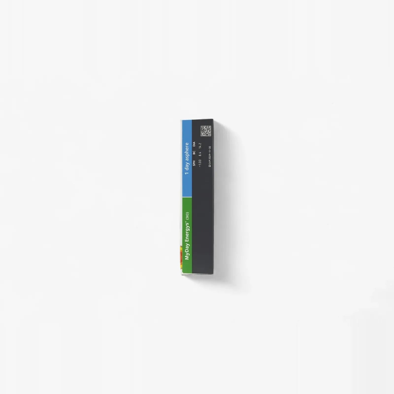 A rectangular box with blue, black, and green sections on a white background labeled “Myday Energys 1-Day 90 Pk” by Myday—ideal for beginners seeking daily contact lenses with DigitalBoost technology.