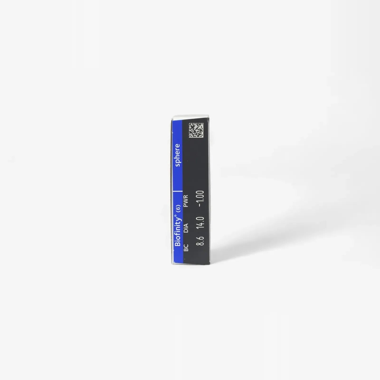 A single box of Biofinity - 6 Pk lenses stands upright on a white background, displaying the blue and black Biofinity packaging and product details, emphasizing the comfort provided by Aquaform Technology.