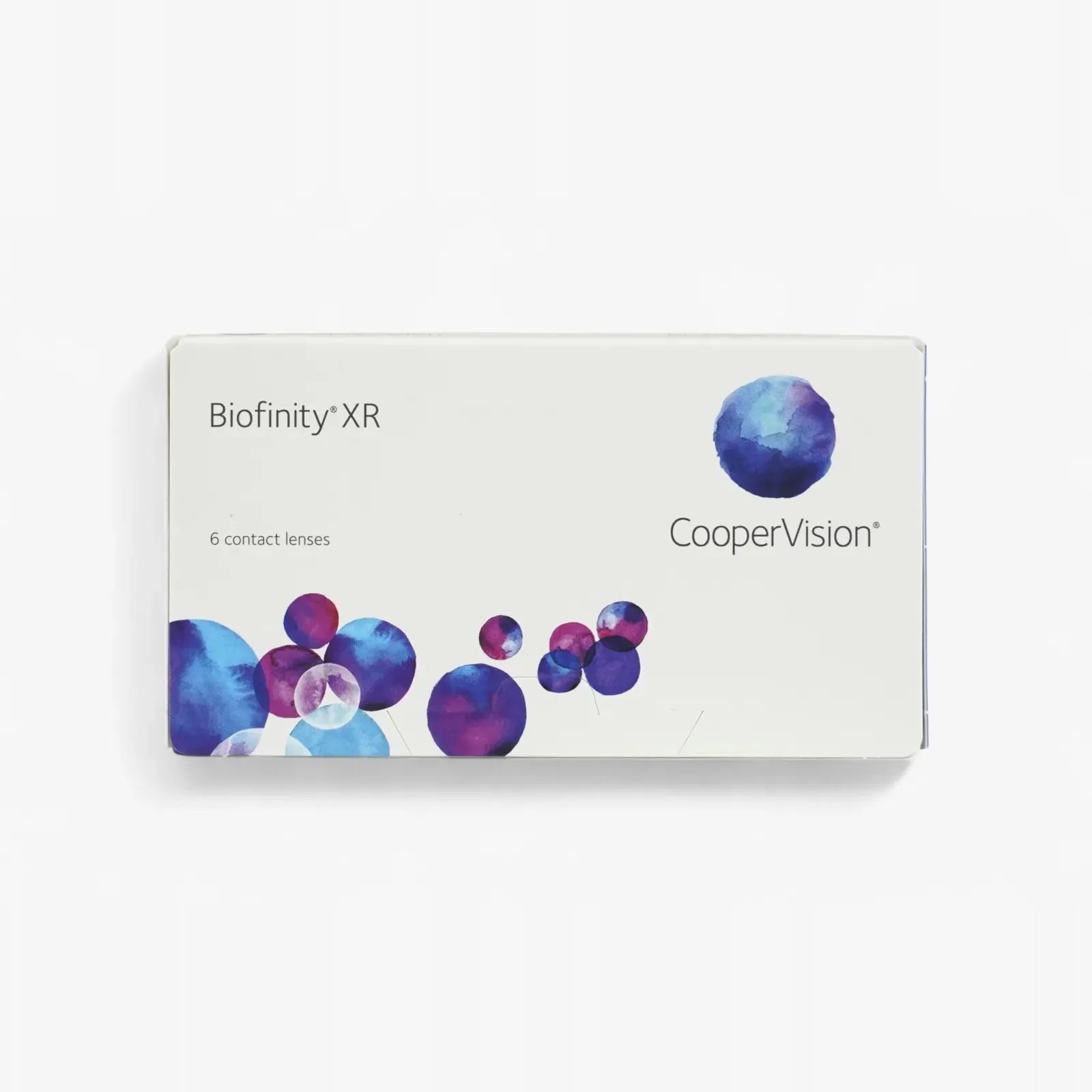 A white box of Biofinity Xr - 6 Pk contact lenses from Biofinity, with abstract blue and purple circles, labeled 6 contact lenses, highlighting Aquaform Technology for all-day comfort.