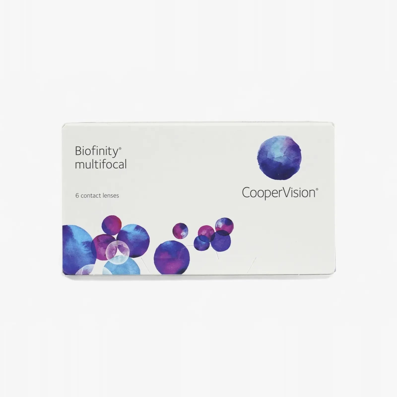 The Biofinity Multifocal - 6 Pk by Biofinity is designed for presbyopic eyes, featuring a white box with blue and purple circular designs and text stating it contains 6 contact lenses.