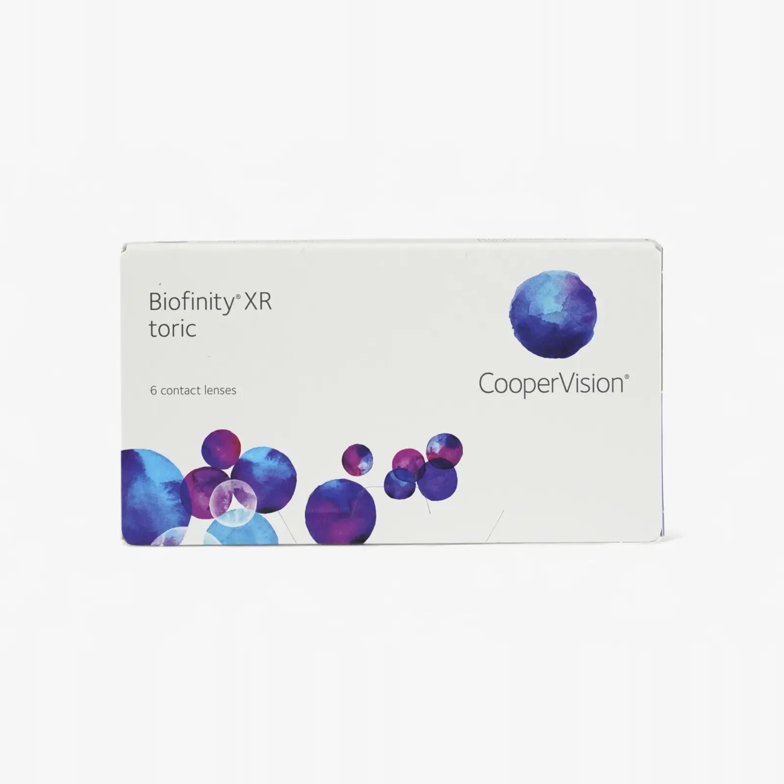 A white box of Biofinity Toric XR - 6 Pk by Biofinity, with blue and purple circles, labeled for 6 toric contact lenses and featuring Aquaform Technology for lasting comfort.