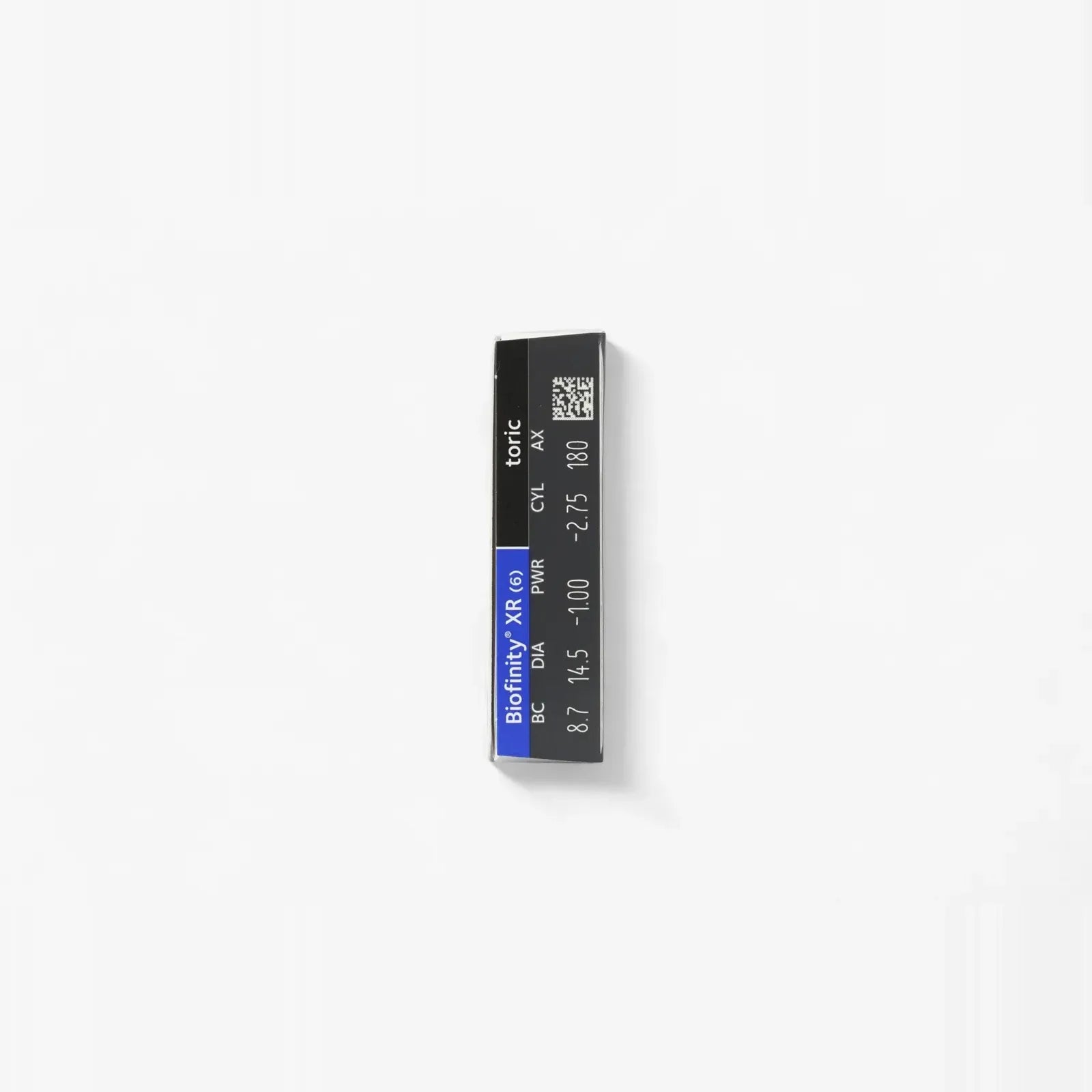 A black rectangular Biofinity Toric XR - 6 Pk insulin test strip with white and blue text and calibration details appears on a plain white background—its branding matches Biofinity contact lenses.
