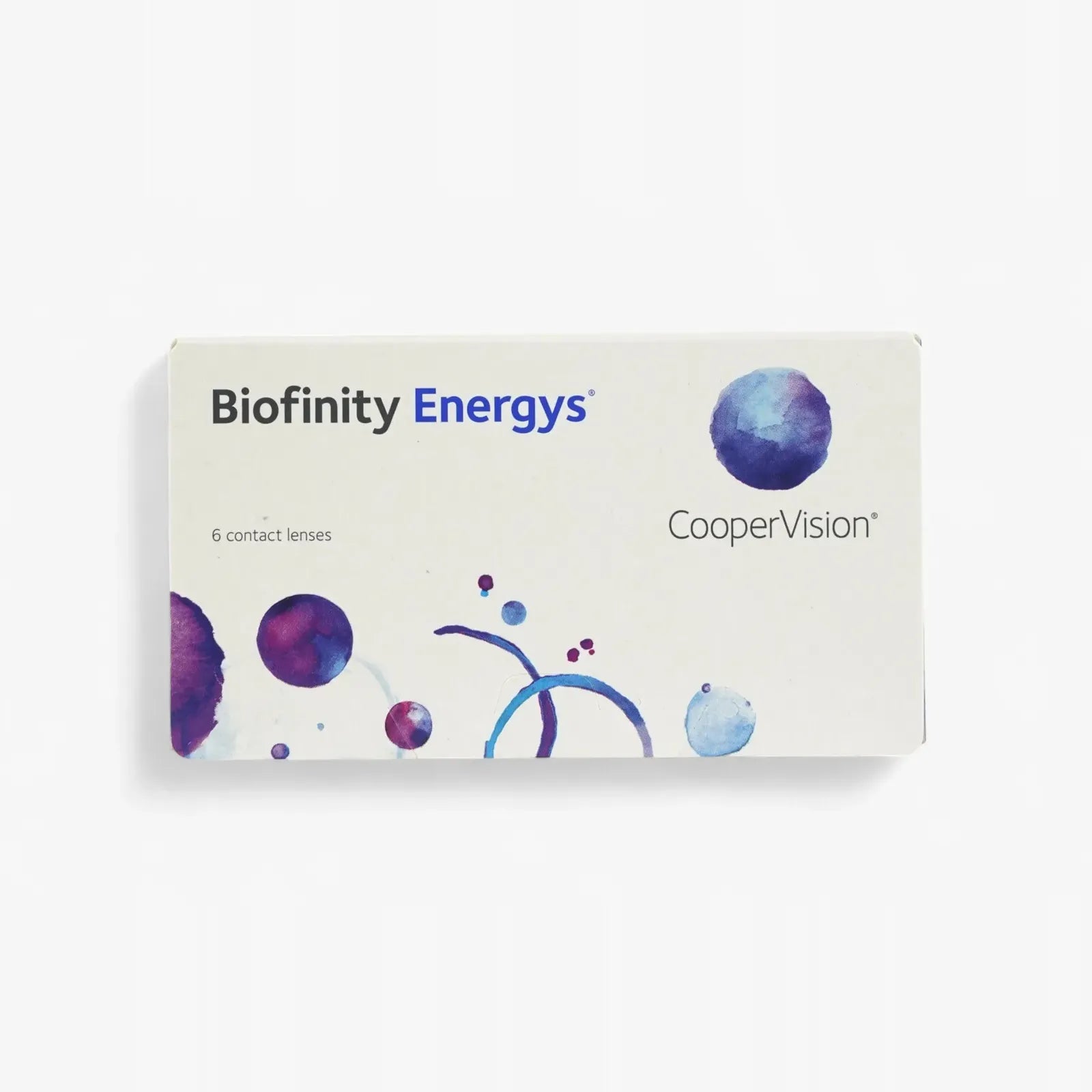 A box of Biofinity Energys - 6 Pk by Biofinity, designed to reduce digital eye strain, features a white background with blue and purple watercolor circles and the text “6 contact lenses.”.