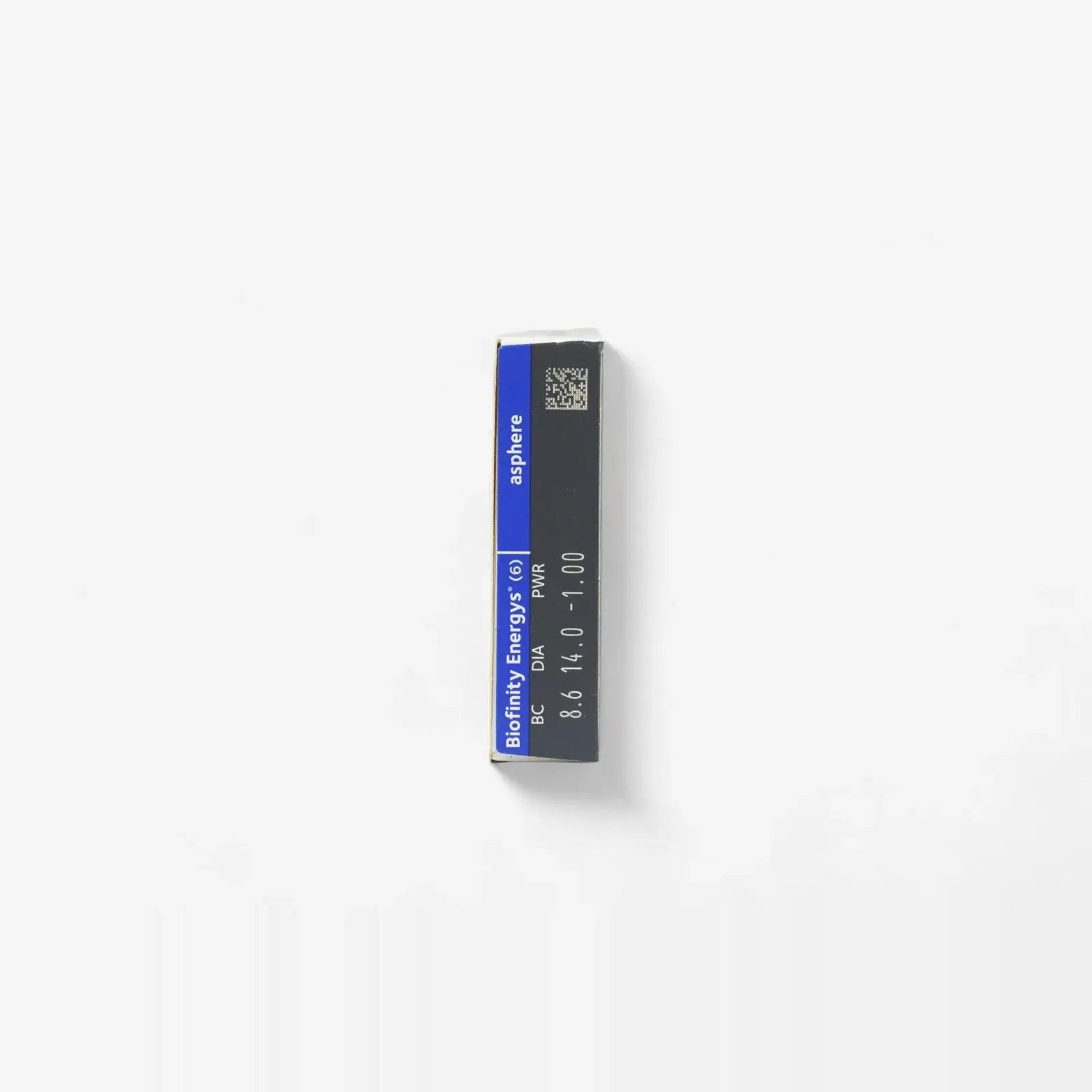 A rectangular black and blue Biofinity Energys - 6 Pk medical test strip, designed to help reduce digital eye strain, is centered on a plain white background.
