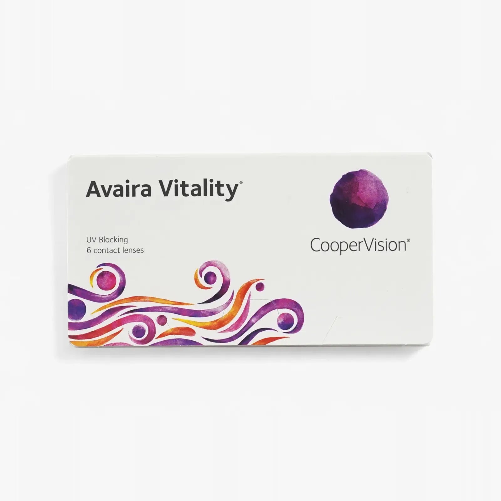 The Avaira Vitality 6-Pk by Avaira features a purple logo with colorful swirl designs on white. Each box contains 6 lenses, offers UV blocking, and ensures clear, comfortable vision.