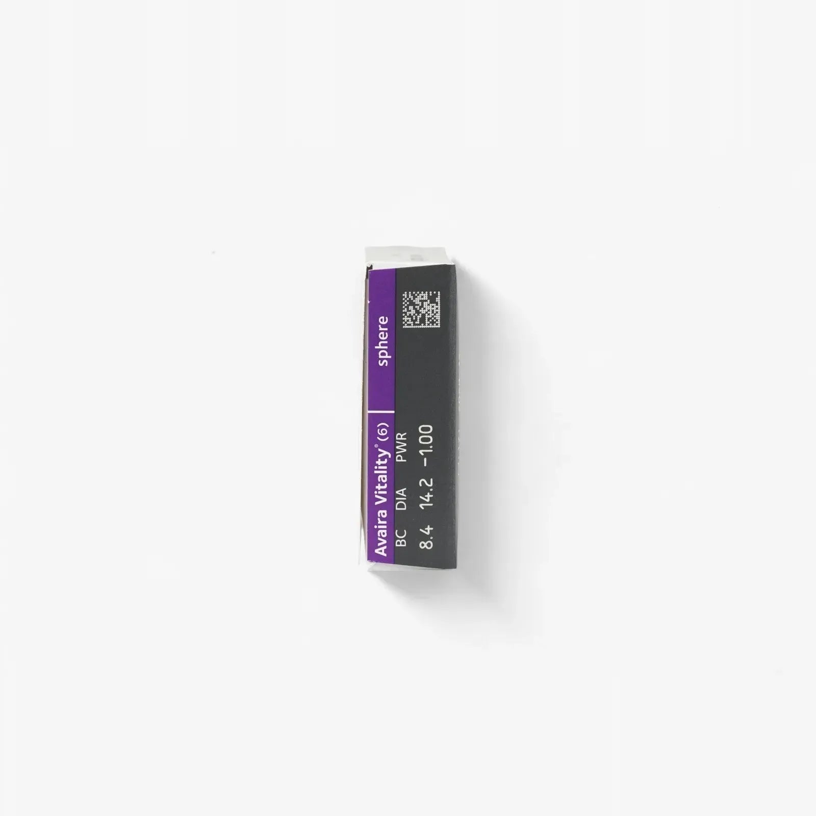 A rectangular Avaira Vitality 6-Pk contact lens box with purple and black accents rests on a white surface, casting a shadow. This UV-blocking design is similar to the Avaira brand’s trusted quality.