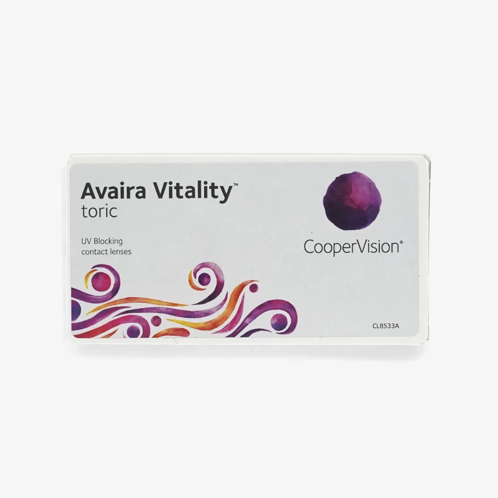A box of Avaira Vitality Toric 6-Pack contact lenses by Avaira, featuring a purple circular logo and colorful swirling patterns along the bottom edge.