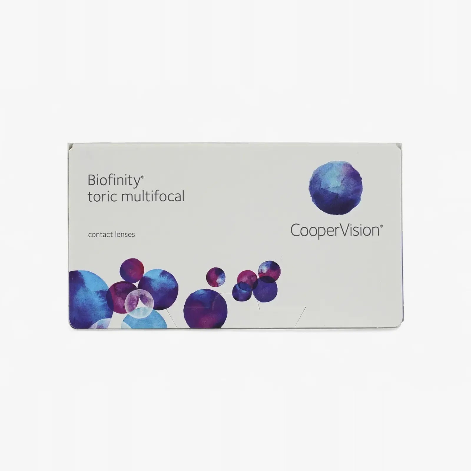 A box of Biofinity Toric Multifocal - 6 Pk by Biofinity, for astigmatism and presbyopia, with a white background and blue and purple circular designs.