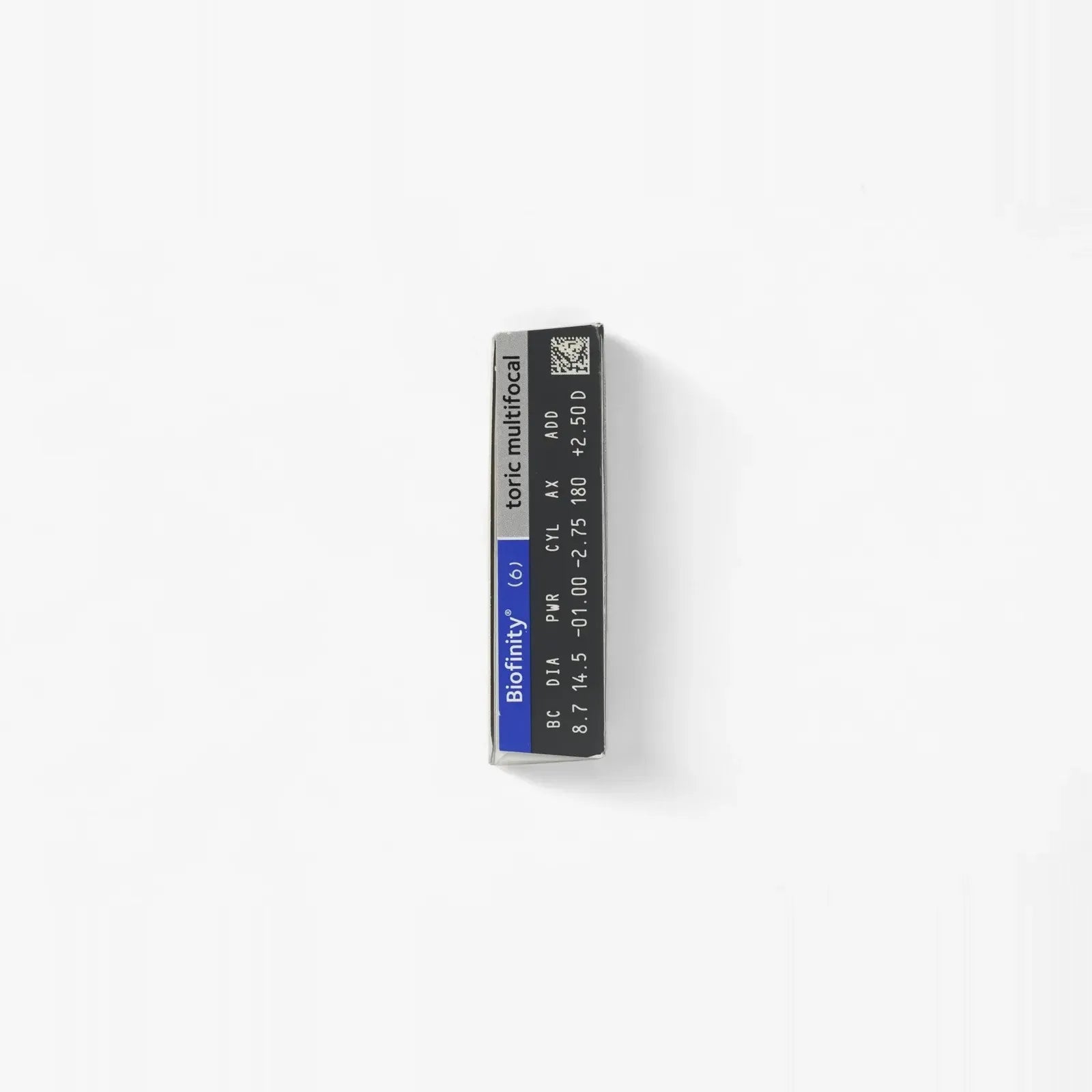 A rectangular box of Biofinity Toric Multifocal - 6 Pk contact lenses from Biofinity, with blue and gray labeling, is displayed against a plain white background.