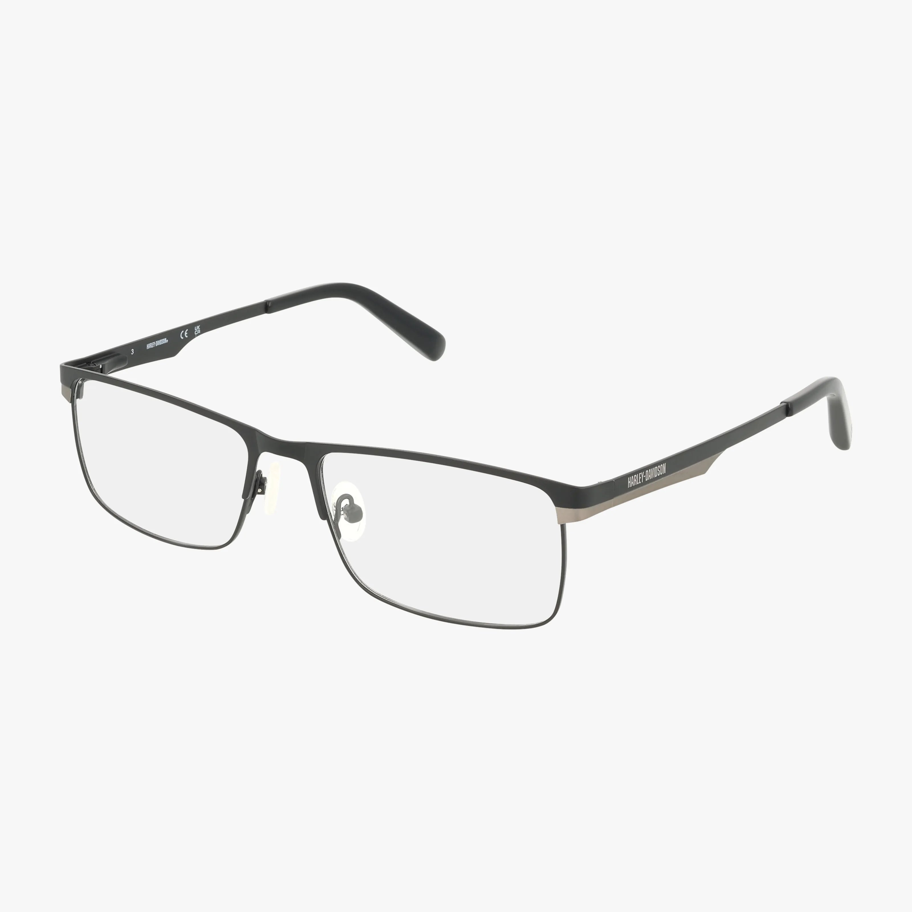The Harley Davidson HD0753 eyeglasses in black matte feature a contemporary rectangular design with thin metal frames, clear lenses, adjustable nose pads, and straight arms. The resilient frame stands out against the plain white background.