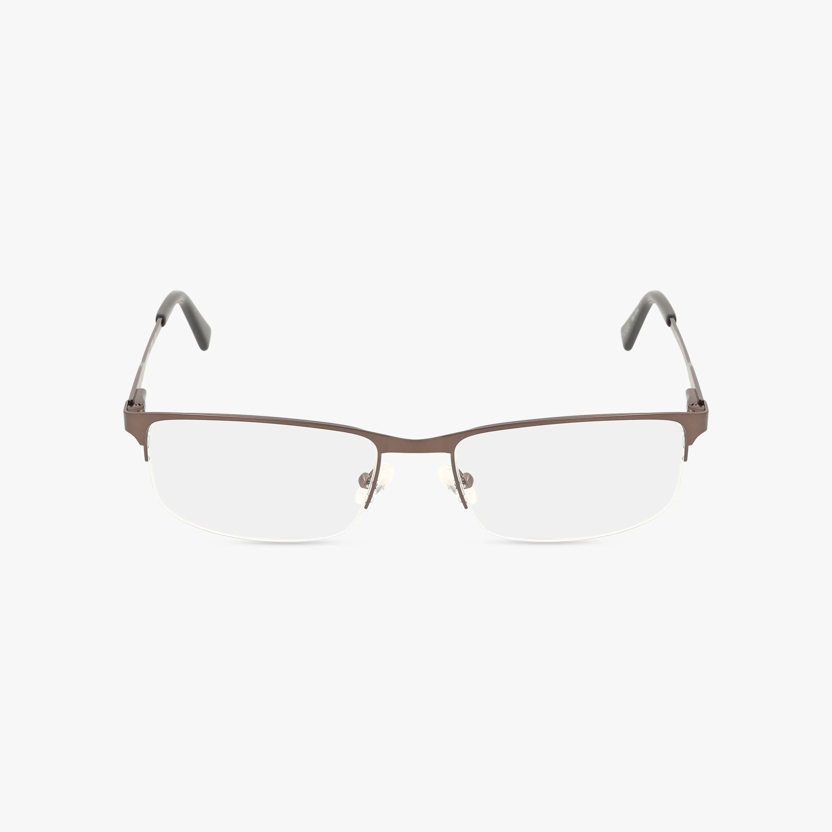 Harley Davidson HD0759 rectangular semi-rimless eyeglasses feature a brown metal frame with clear lenses for a distinguished, fashion-forward look, displayed on a white background.