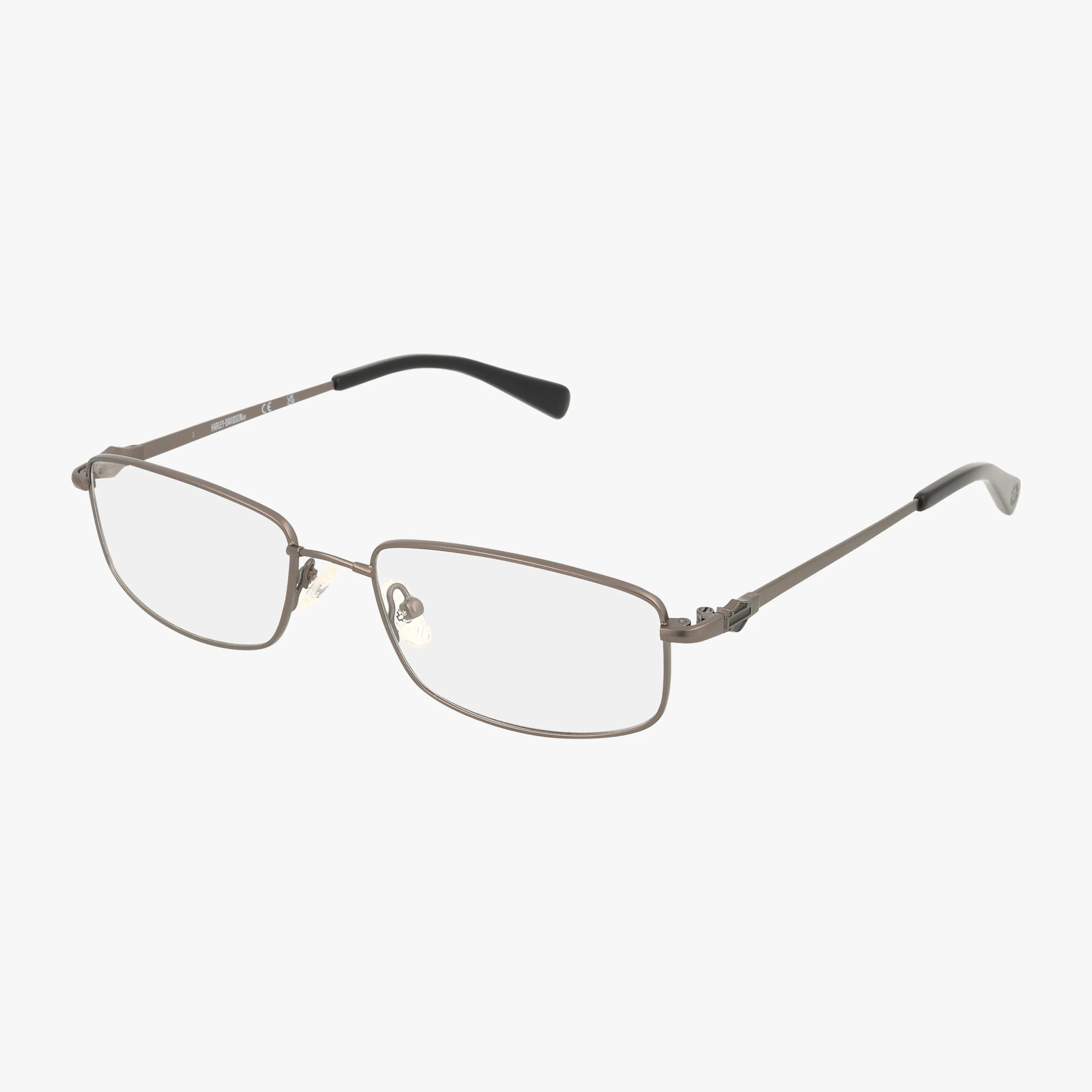Harley Davidson HD0760 eyeglasses feature a rectangular metal frame with thin silver edges, adjustable nose pads, and black plastic-tipped arms, shown on a white background.