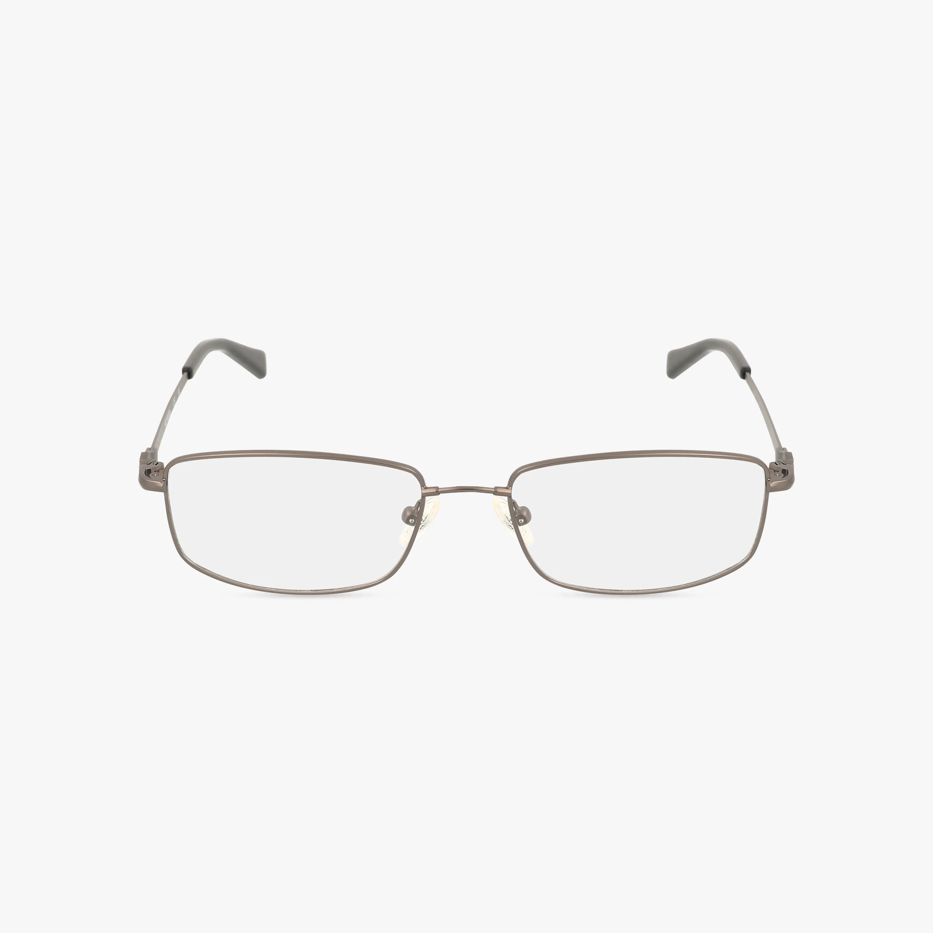 The Harley Davidson HD0760 eyeglasses feature a rectangular, thin metal frame with clear lenses and gray plastic-tipped arms, displayed against a plain white background.