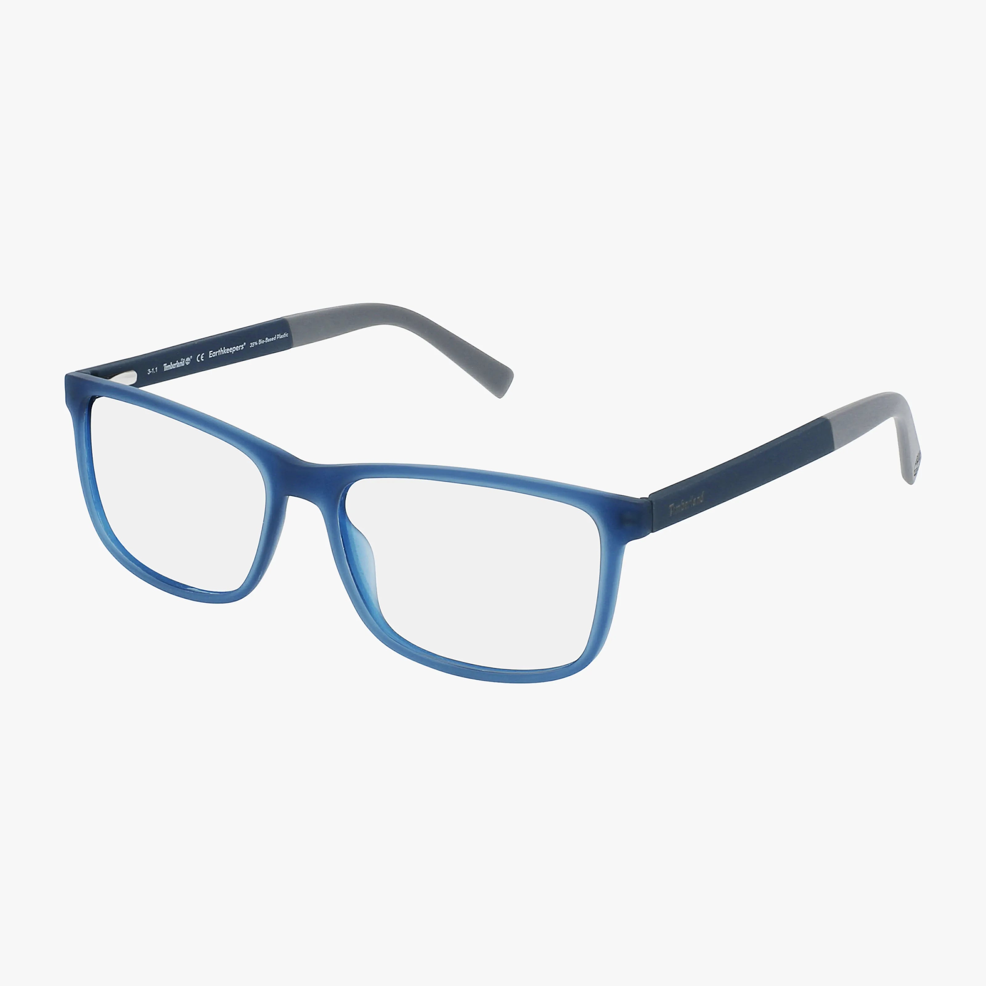 The Timberland TB1589 features rectangular blue translucent frames with dark gray temples, a versatile design for prescription lenses, shown on a white background.