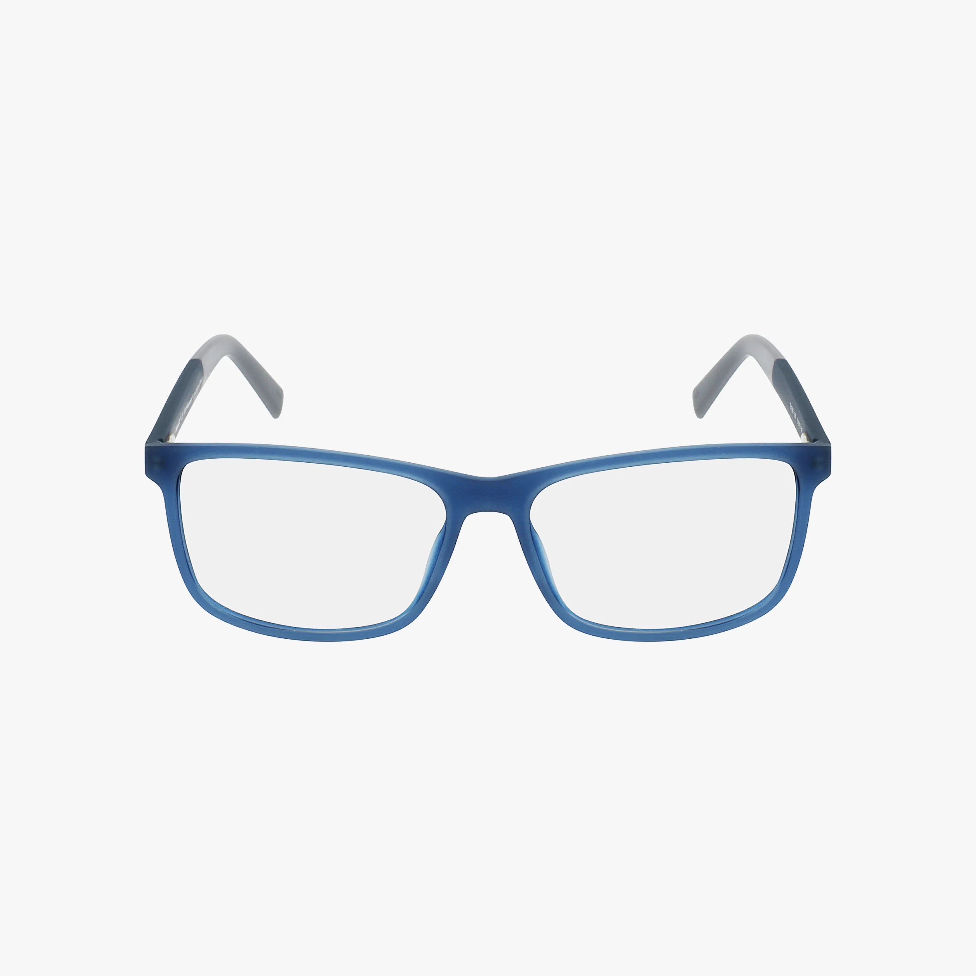 The Timberland TB1589 features rectangular blue frames and translucent gray temples, shown on a white background—ideal for prescription lenses in a stylish, versatile design.