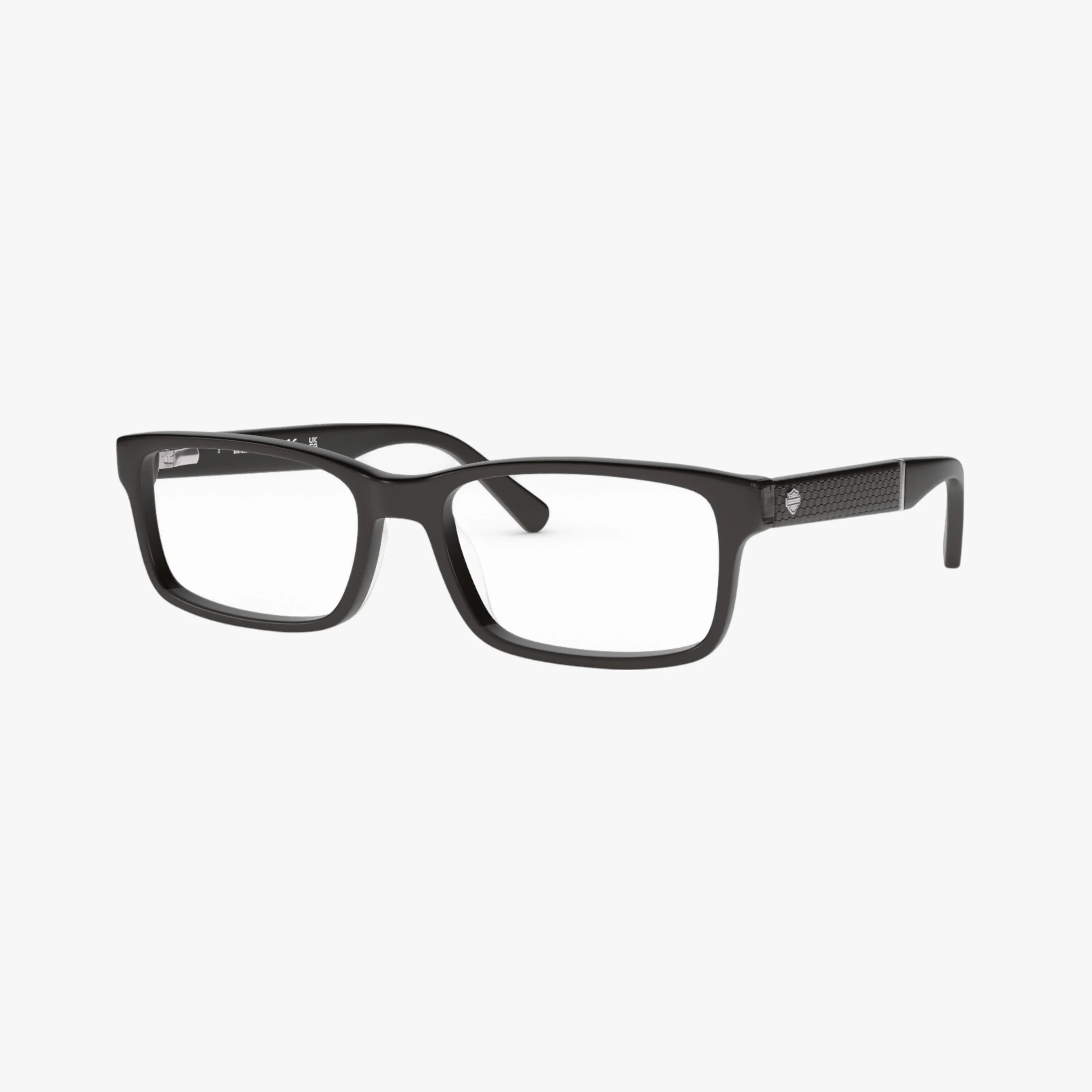 The Harley Davidson HD0774 is a pair of black rectangular eyeglasses with clear lenses and a subtle textured pattern on the temples, designed to boost your style and confidence, shown against a simple white background.