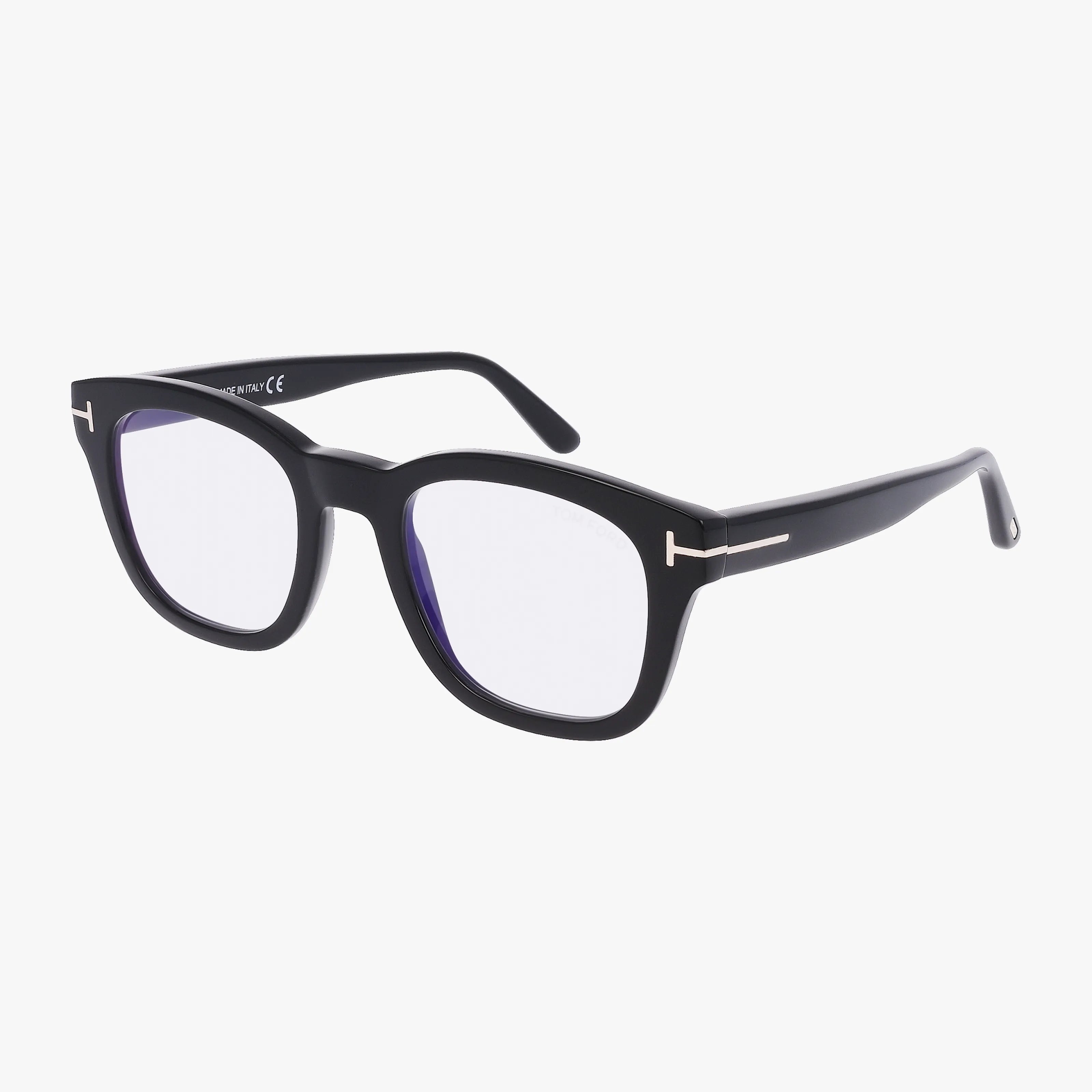 The Tom Ford FT5542-B eyeglasses feature a slim, lightweight black rectangular frame with clear lenses and silver hinge accents, perfect for everyday wear. Shown on a plain white background.