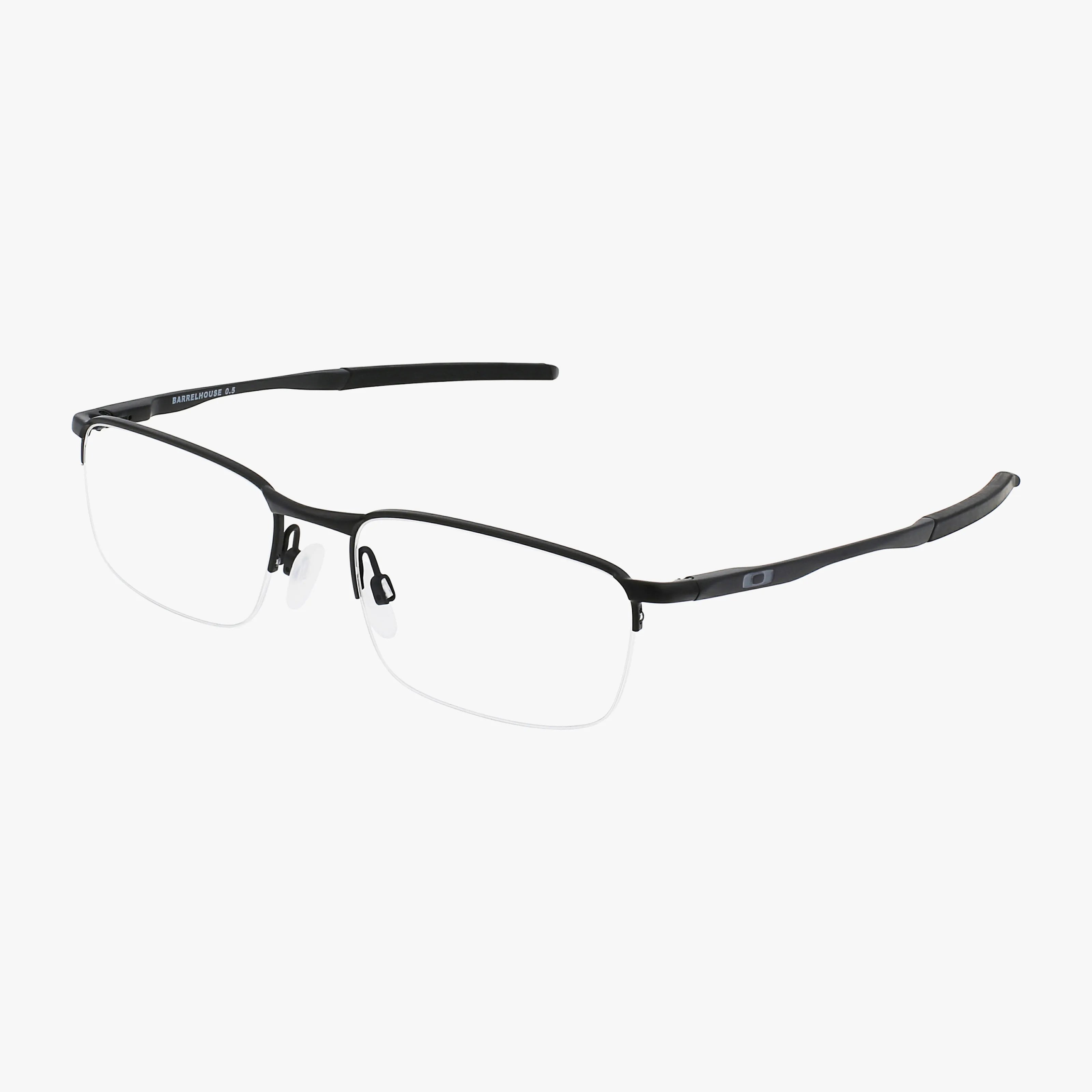 The Oakley OX3174 BARRELHOUSE .5 is a pair of semi-rimless black eyeglasses with rectangular lenses and slim arms, shown here on a white background.