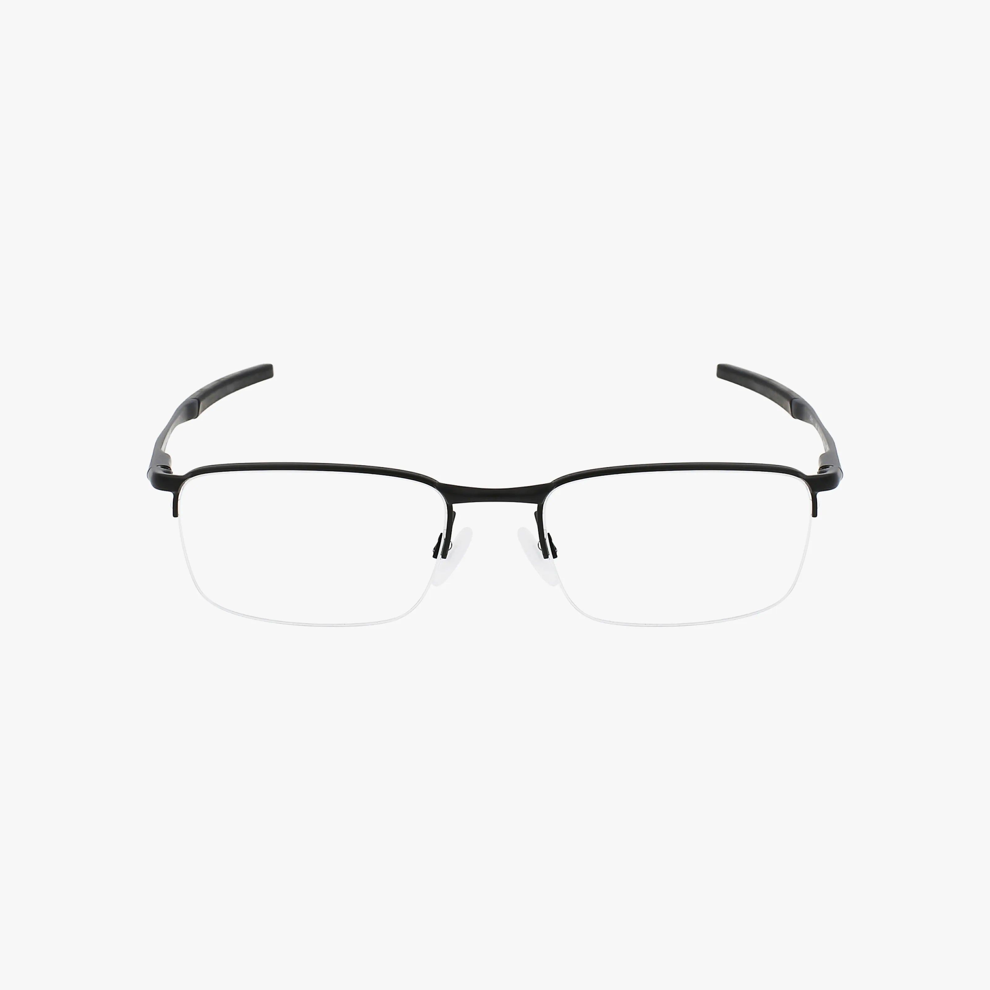 The Oakley OX3174 BARRELHOUSE .5 is a pair of black, semi-rimless eyeglasses with a modern frame, rectangular lenses, and thin profiles, shown on a plain white background.