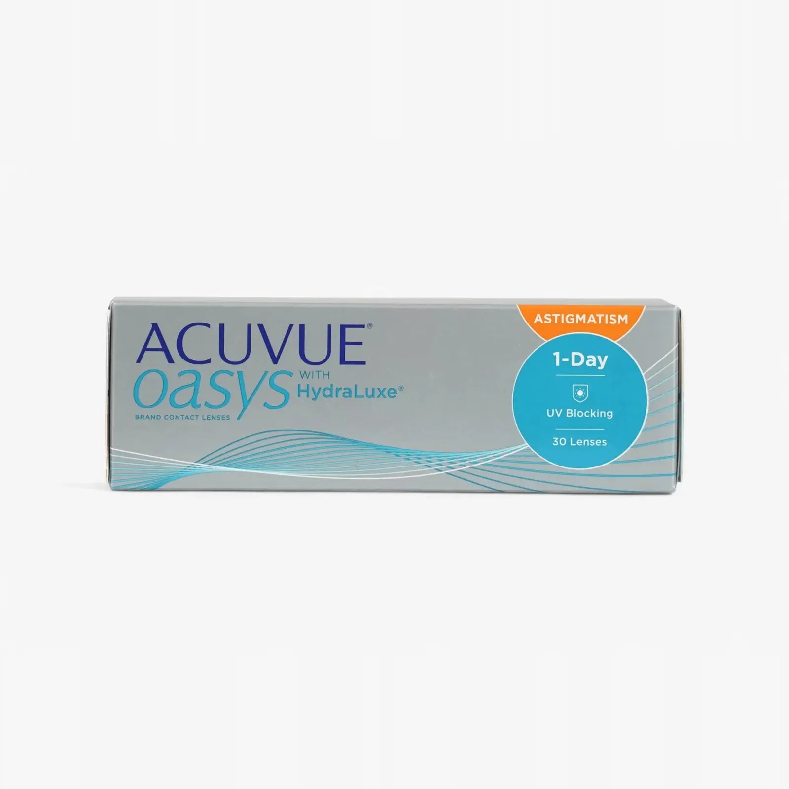 A box of Acuvue Oasys 1 Day Astig 30Pk Plus Power + contacts features daily disposable lenses, UV blocking, and HydraLuxe Technology. Each grey and blue box with orange accents contains 30 lenses for lasting comfort.