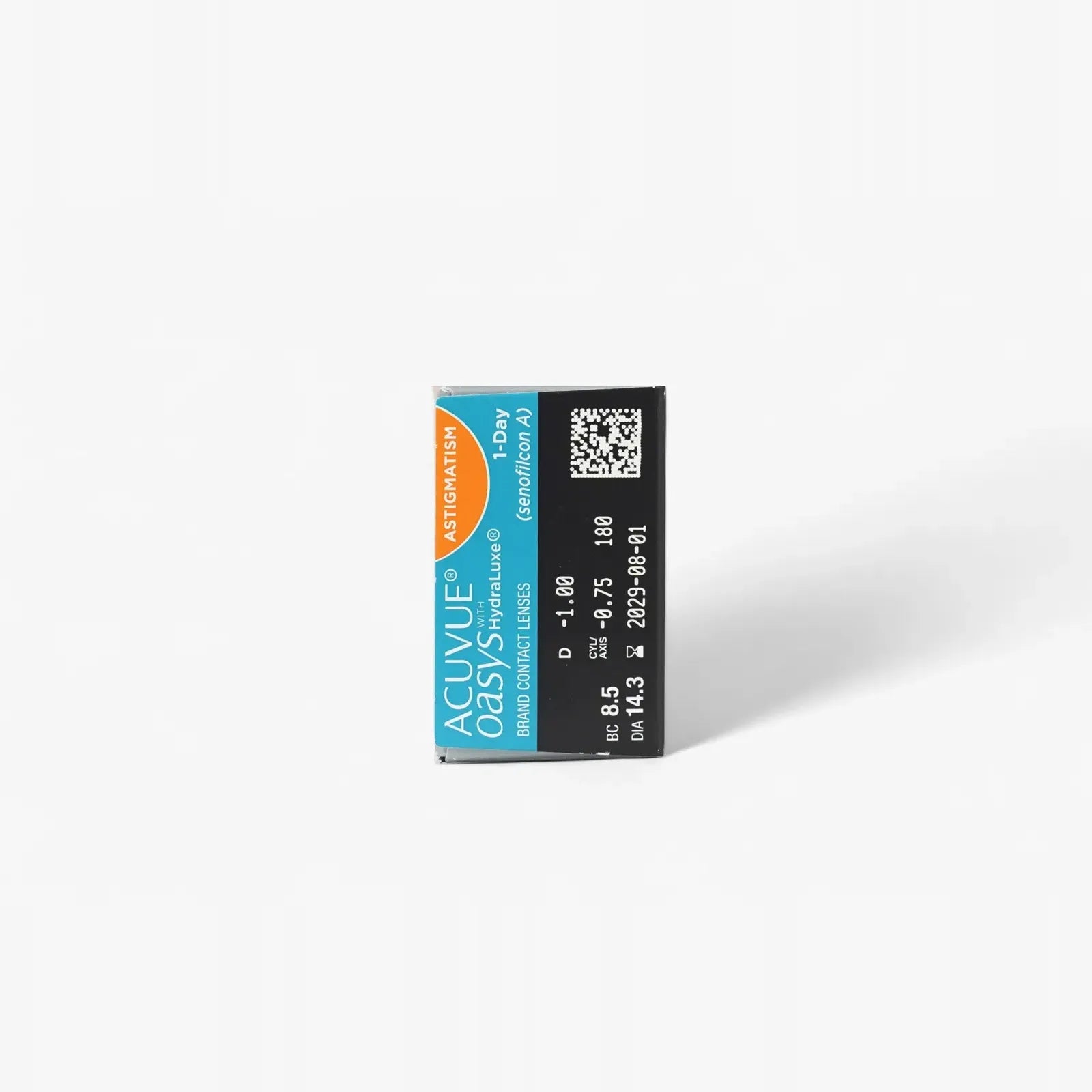A box of Acuvue Oasys 1 Day Astig 30Pk Plus Power + contact lenses stands upright on a white background, showcasing the product name and specifications on its side.