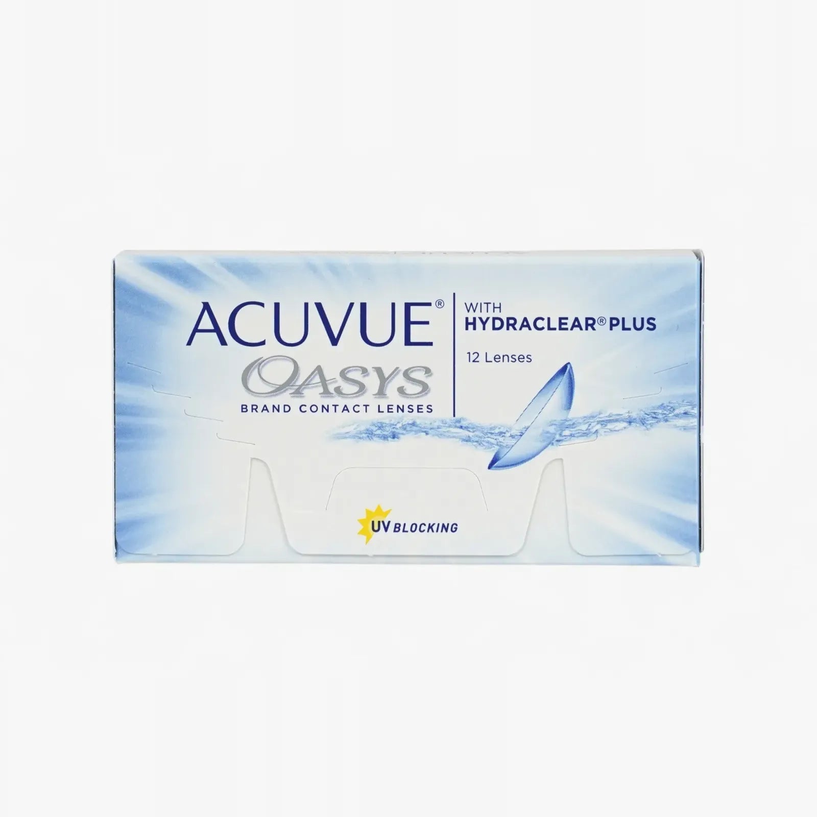 A 12-pack of Acuvue Oasys contact lenses in blue and white packaging with water designs, featuring UV blocking—ideal for those buying contacts online.