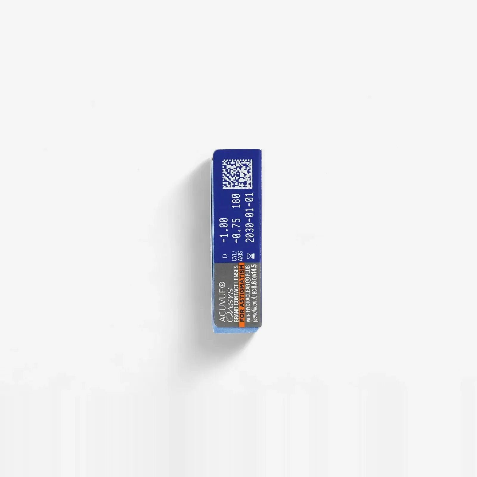 A single blue and silver insulin pen needle cartridge sits on a white background, showing a QR code and dose info, with precision akin to Acuvue Oasys For Astigmatism - 6 Pk contacts.