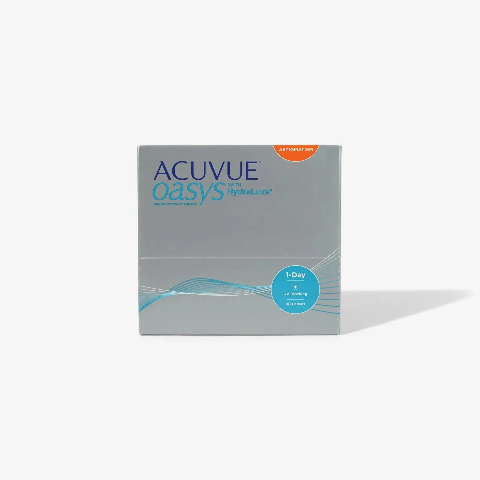 A box of Acuvue Oasys 1 Day For Astigmatism 90Pk contact lenses in silver and blue packaging is displayed against a plain white background.