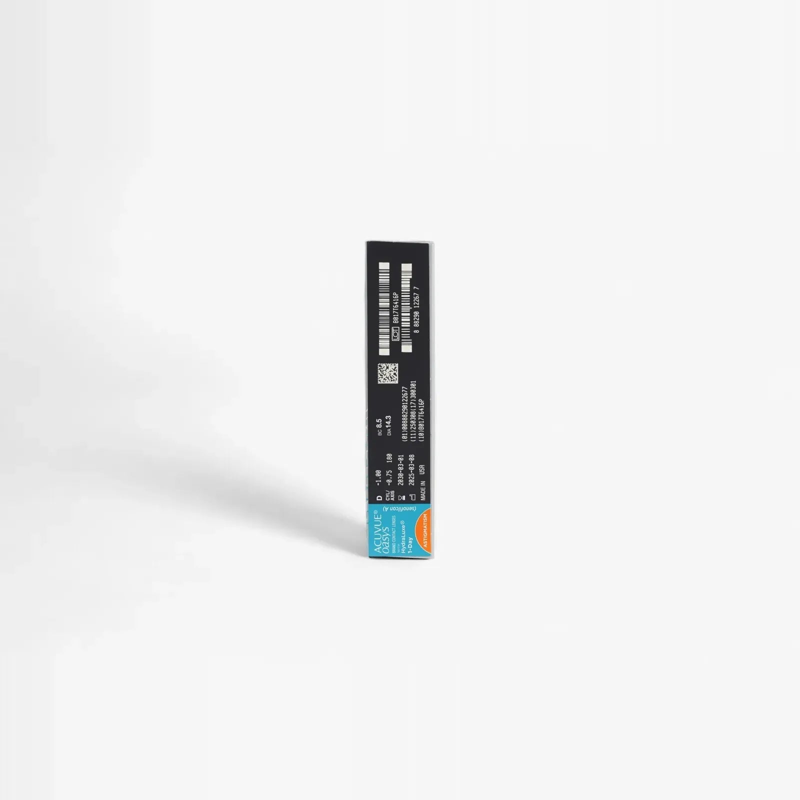 A rectangular black Acuvue Oasys 1 Day For Astigmatism 90Pk box stands upright on a white background, with a blue label featuring white text, HydraLuxe Technology, and an orange accent in the lower right corner.
