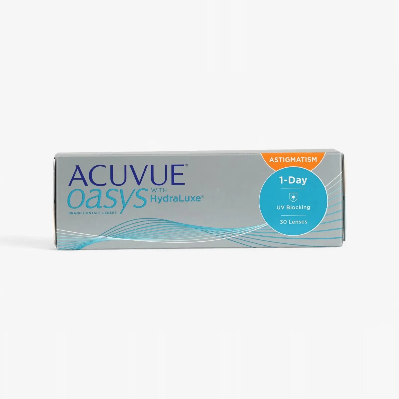A rectangular box of Acuvue Oasys 1Day Astig 30Pk Minus Power contact lenses with blue and orange labeling, featuring the HydraLuxe Technology logo, contains 30 lenses per box.