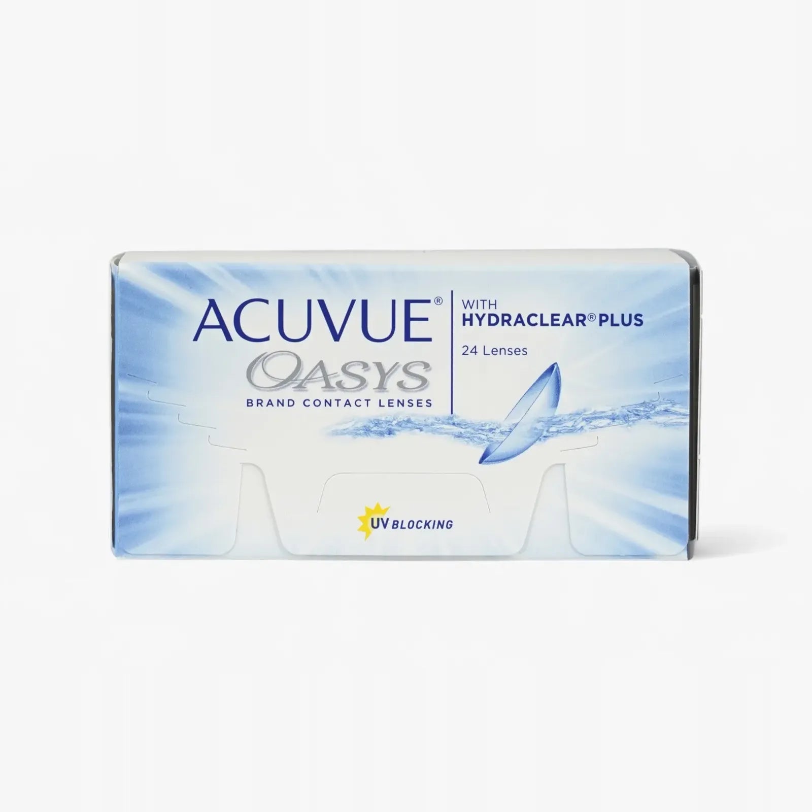 A 24-pack of Acuvue Oasys contact lenses comes in blue and white packaging with a water splash image and UV Blocking label—ideal for anyone buying contacts online.