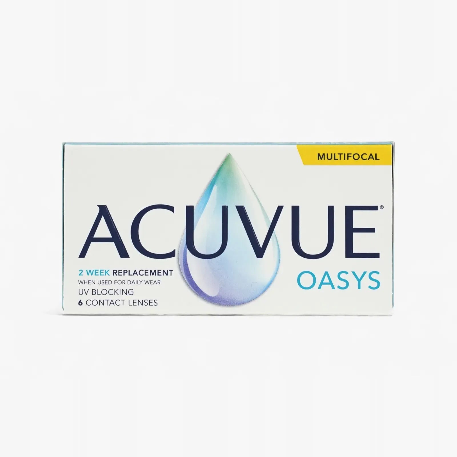 A box of Acuvue Oasys Multifocal 6 Pack contact lenses for presbyopia, with a blue and green water droplet design, labeled for 2-week replacement, UV blocking, and containing 6 lenses per box.