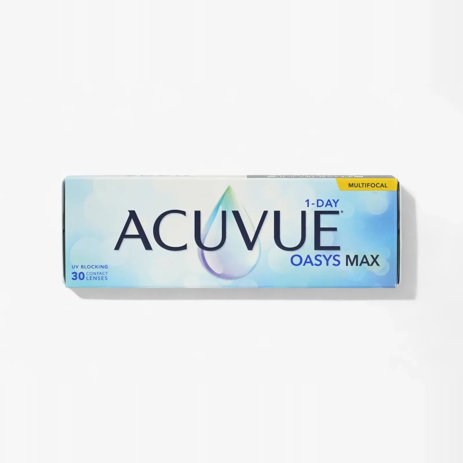 A 30-pack box of Acuvue Oasys 1 Day Max Mf contact lenses, designed for presbyopic eyes, features a blue and white design with a water droplet image and UV blocking.